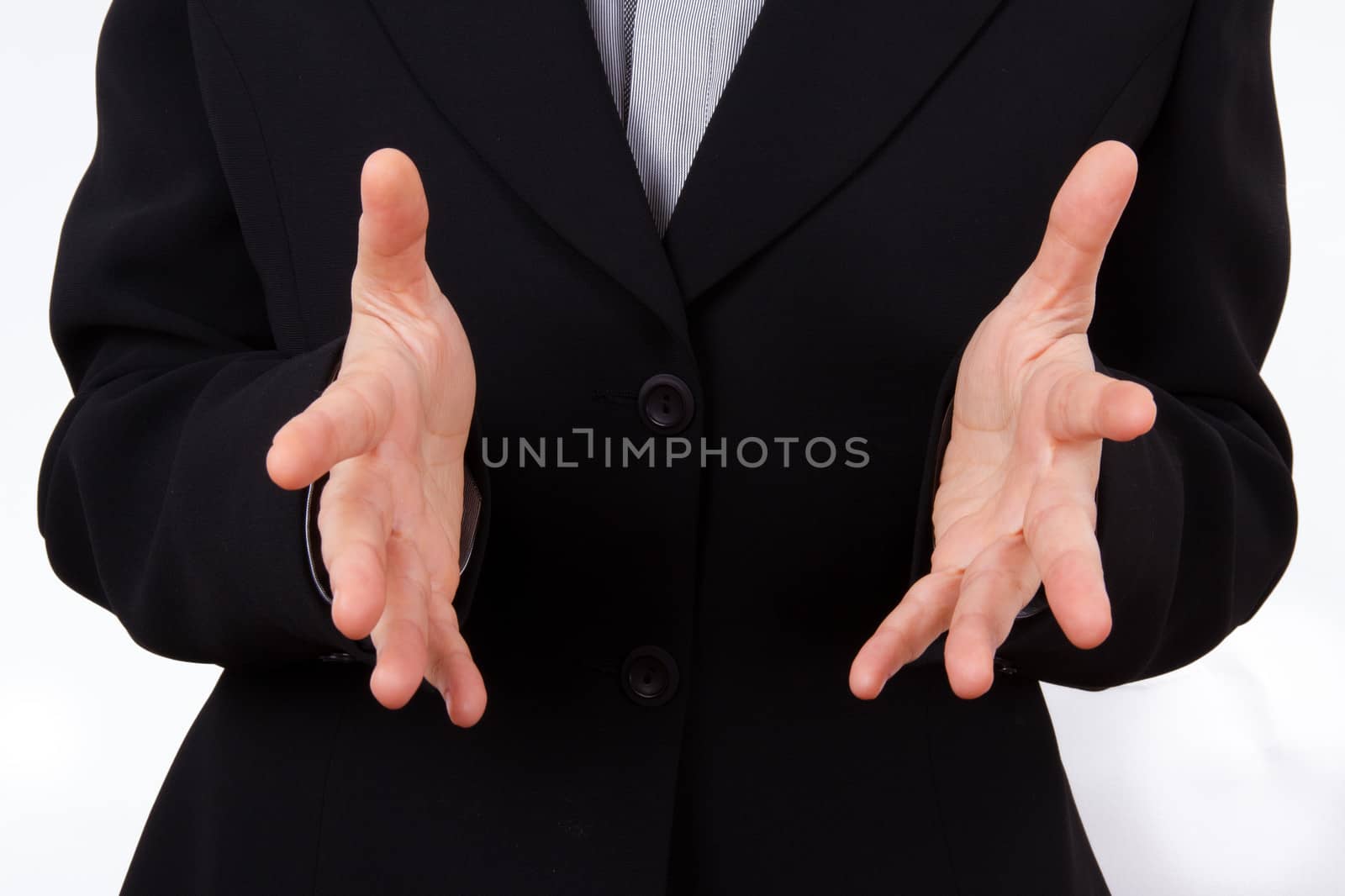 Business woman talking and explaining enthusiastic and energetic, isolated on white background.