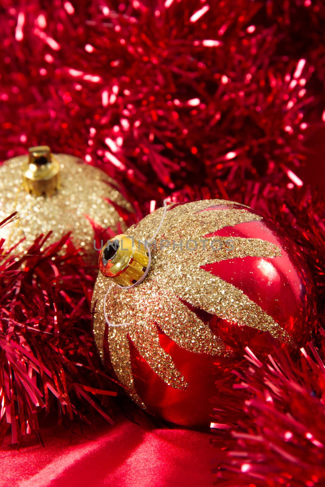 Close up christmas ornaments, balls with depth of field.