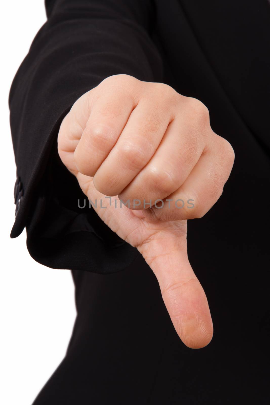 Business woman in dark suit with hand thumb down sign, isolated on white background.