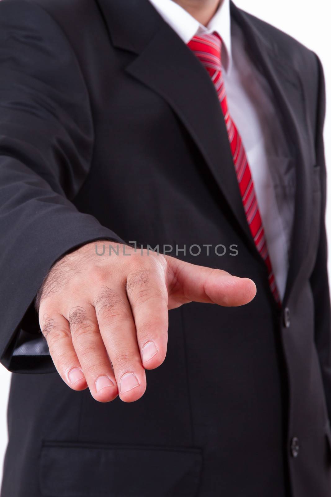 Businessman extends hand to shake or helping, isolated on white.