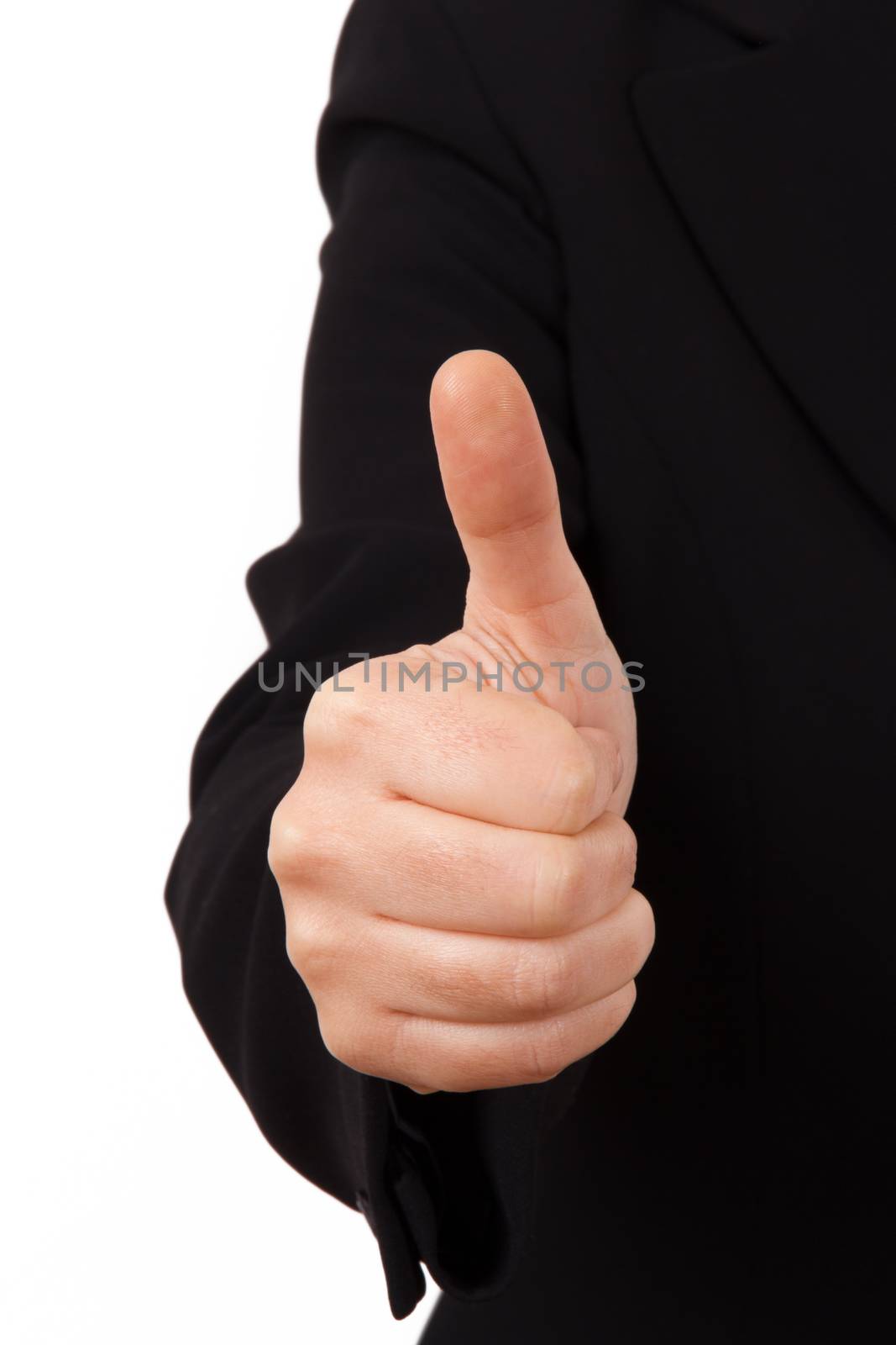 Business woman in dark suit with hand thumb up sign, isolated on white background.