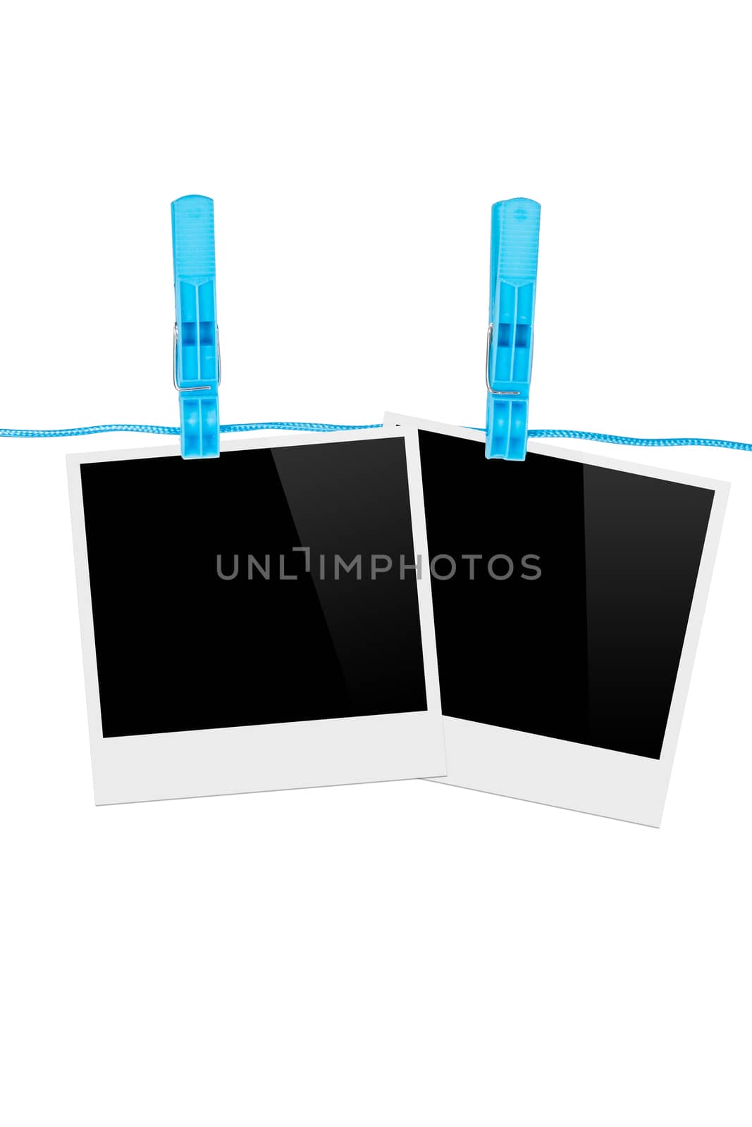 Black, blank photo frames on rope with blue, plastic clothespin, isolated on white background.