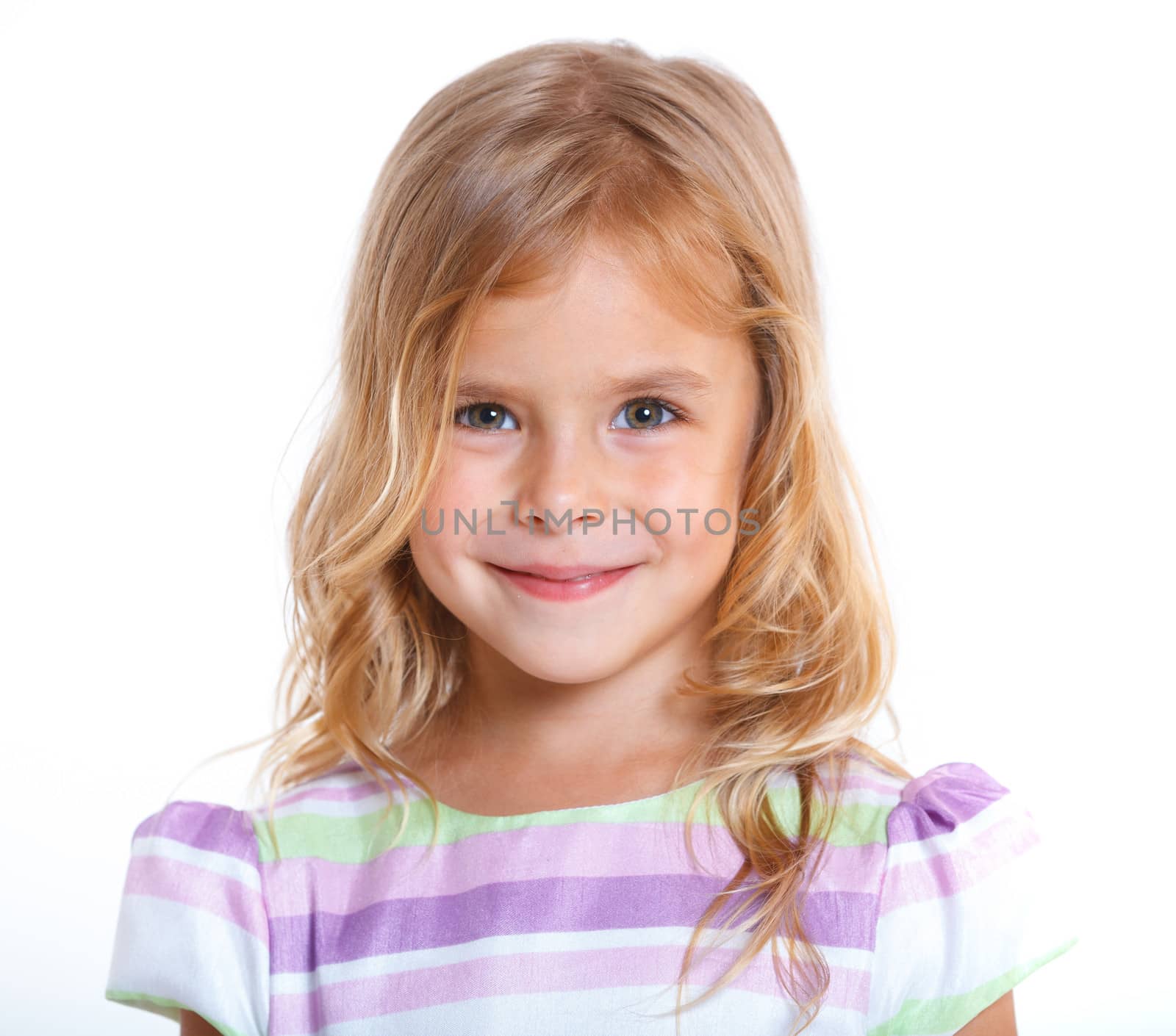 Portrait of beautiful little girl happy smiling on studio. Isolated white background