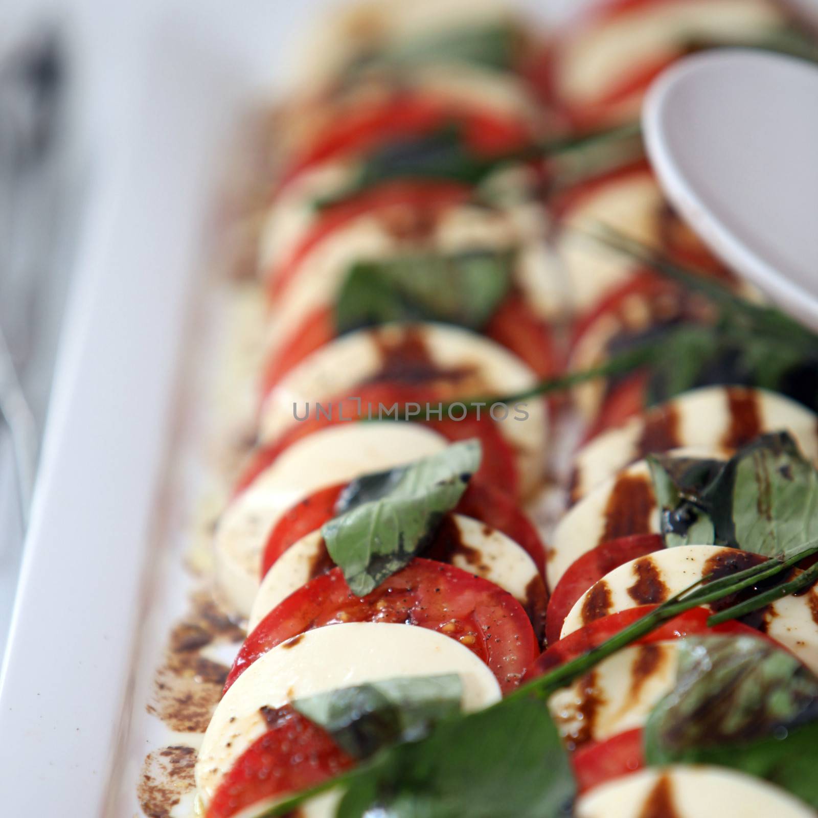 Display of mozzarella cheese and fresh sliced tomato in an alternating pattern on a buffet tray topped with fresh green herbs, close up view with shallow dof
