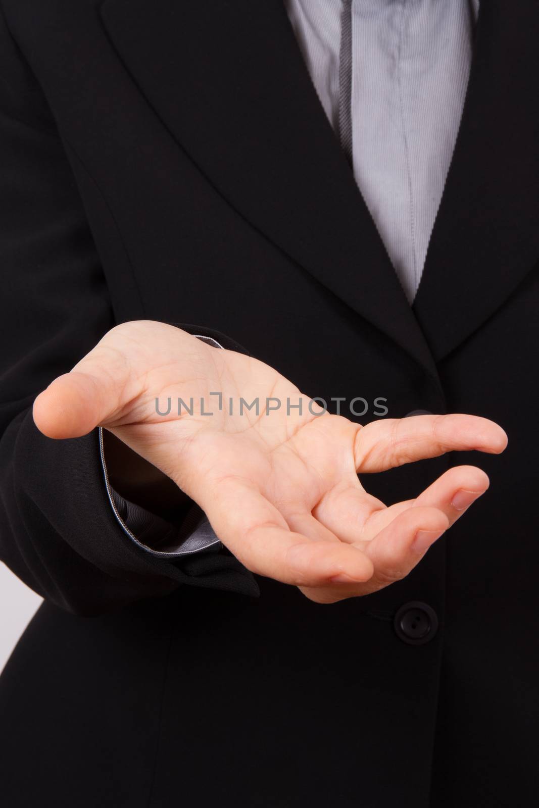 Business woman in elegant suits wants money, shows hand.