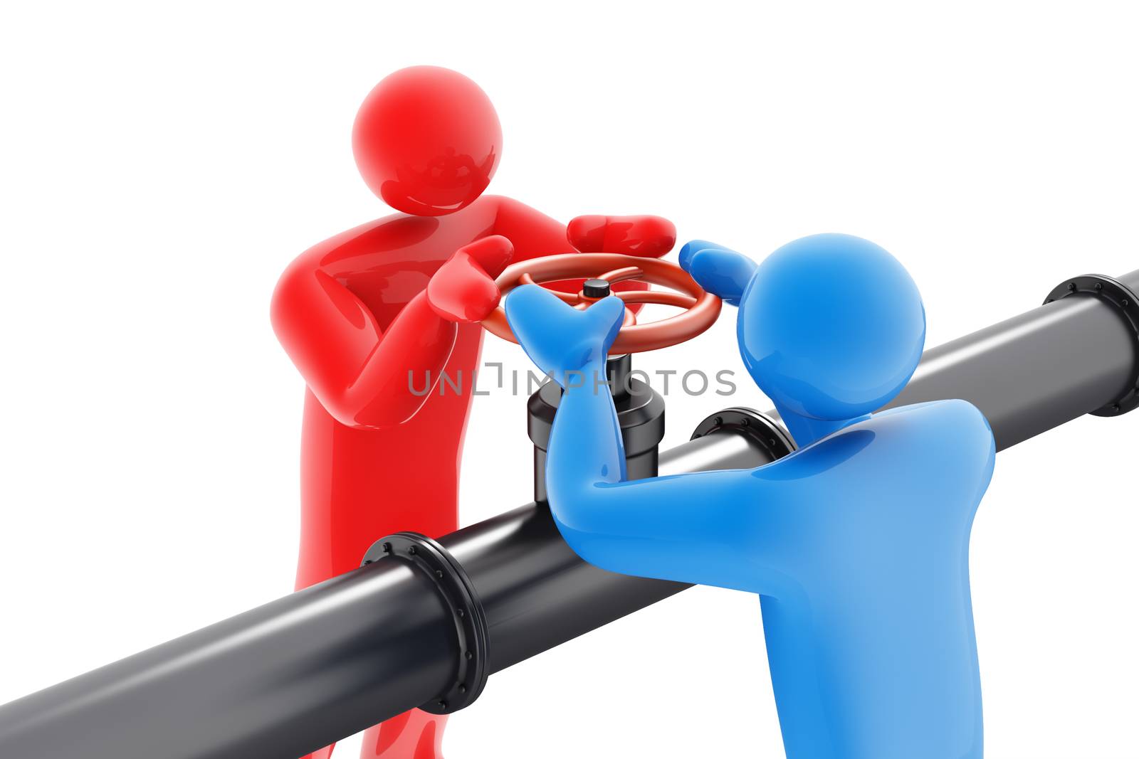 Two people twisting oil valve in opposite direction