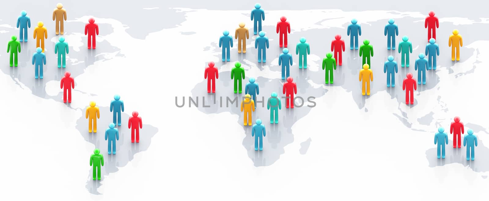 Social network concept: multicolor people over world map