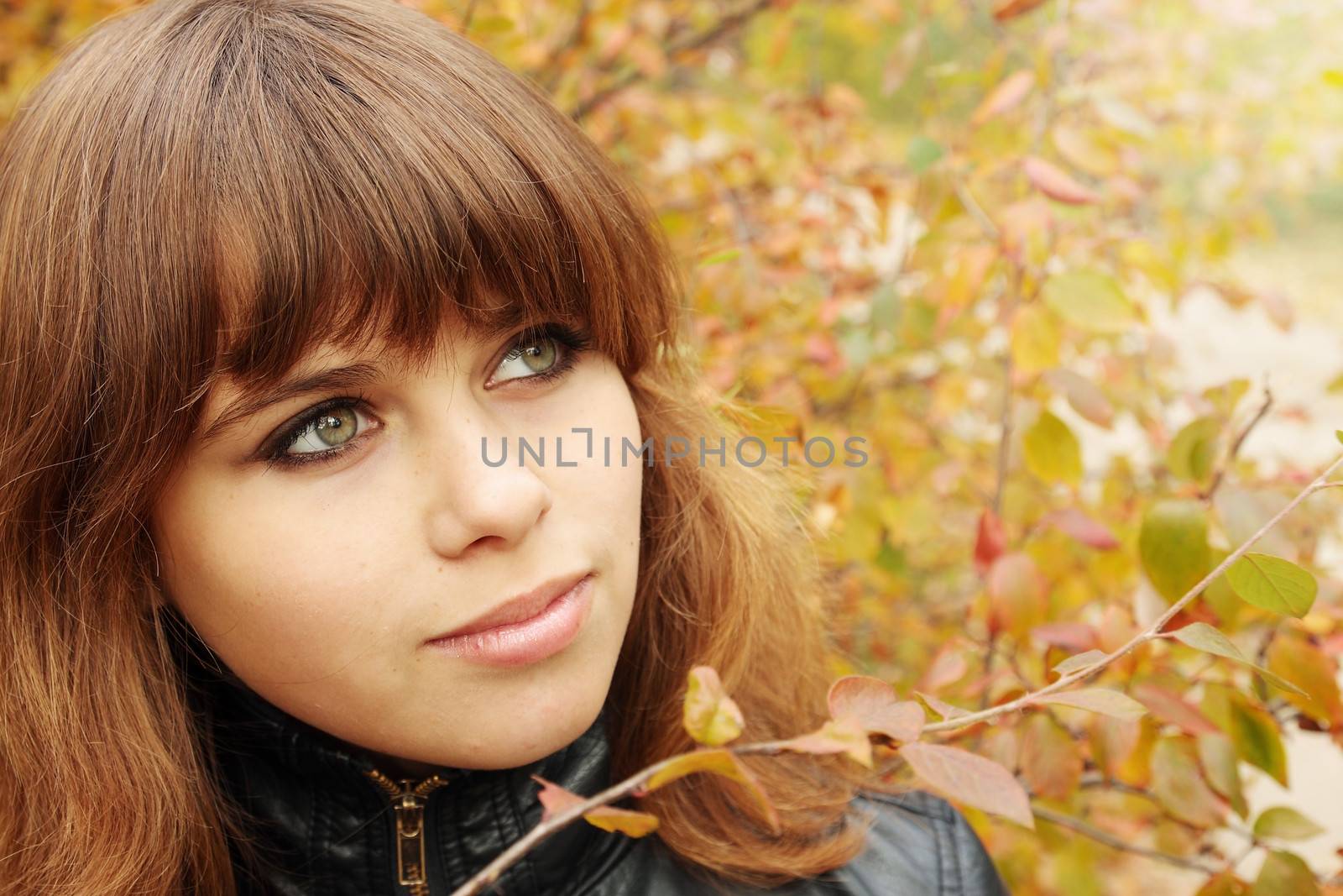 Portrait of a beautiful young woman in autumn park