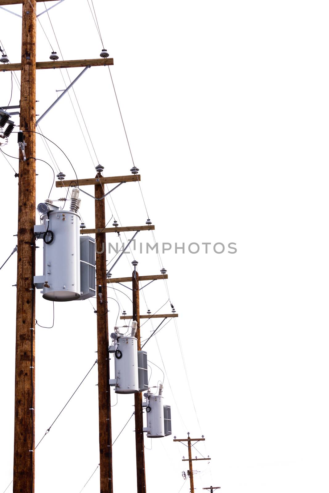 Row utility poles hung with electricity power cables and transformers for residential electric power supply isolated on white background