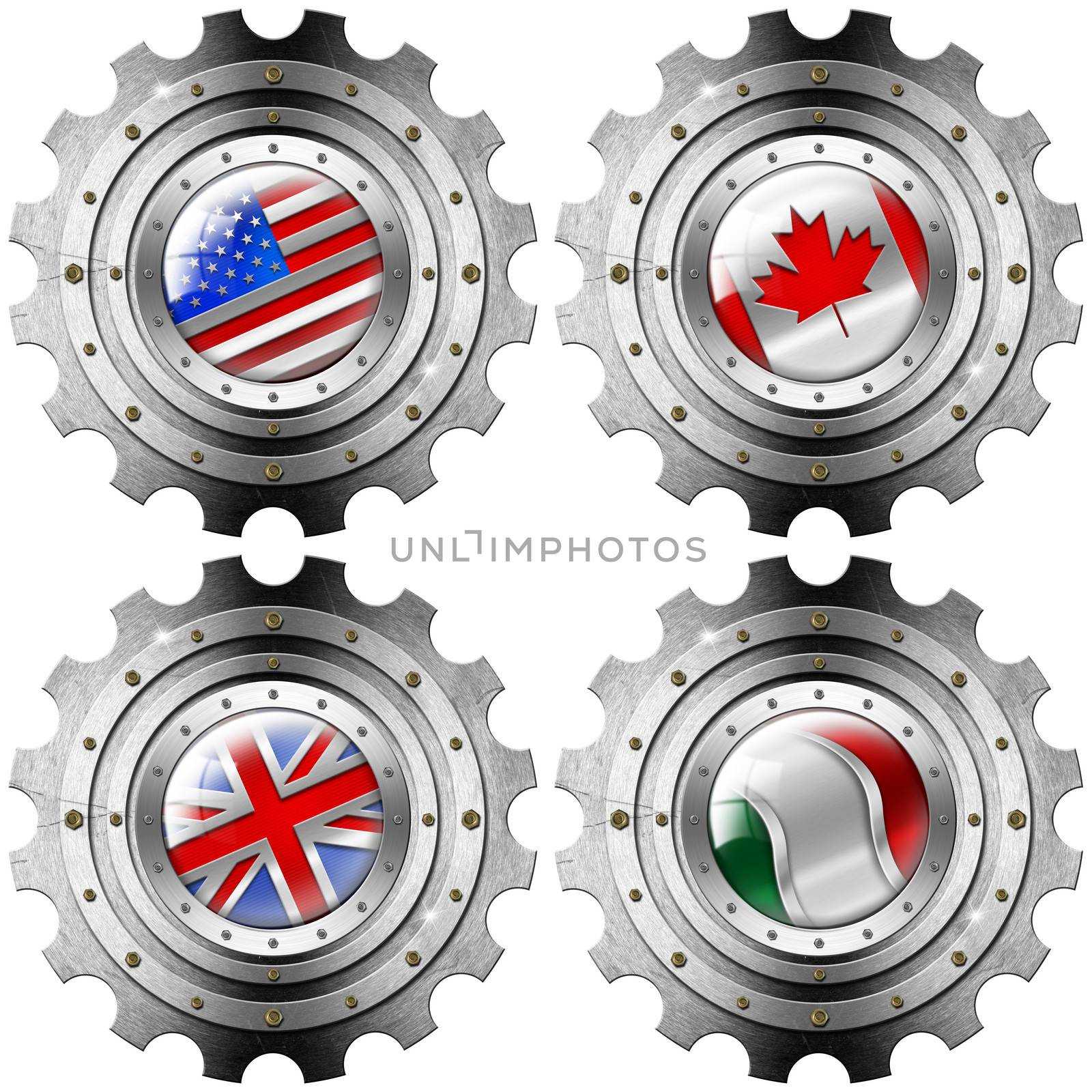 Four metal gears with the flags of: USA, UK, Canada and Italy