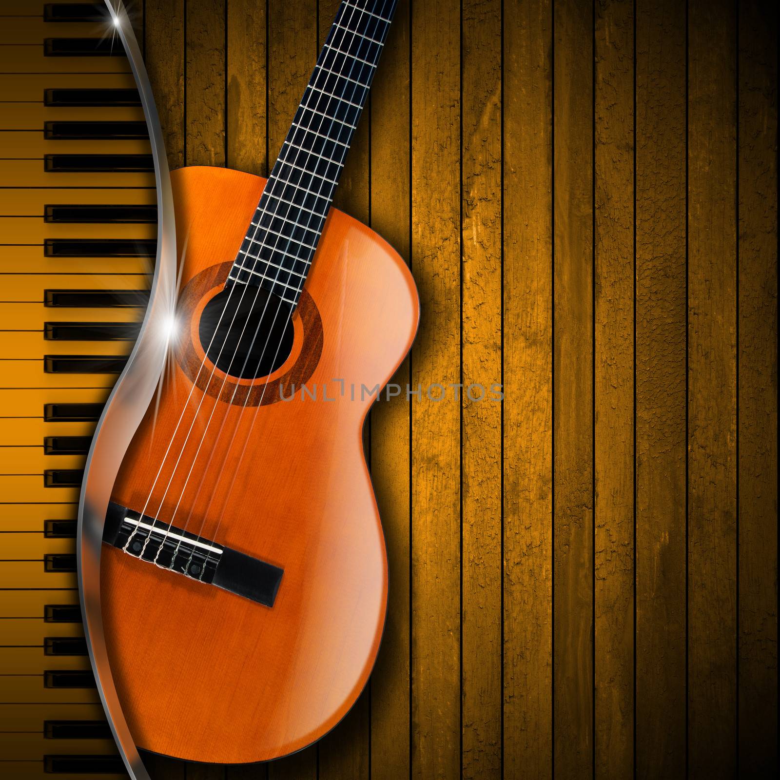 Acoustic brown guitar and piano against a rustic wood background 
