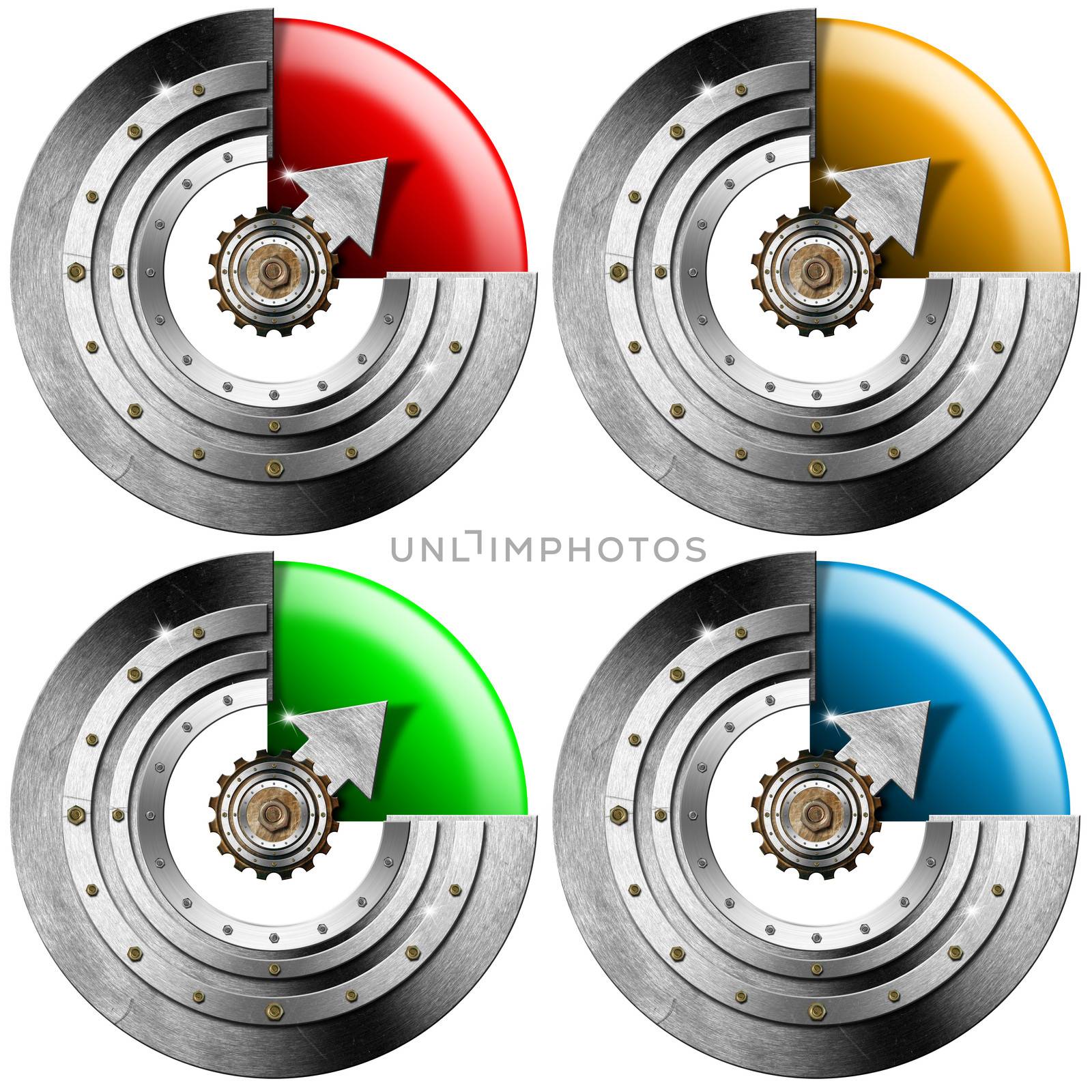 Four metal indicators of the sector, red, yellow, green and blue with arrows
