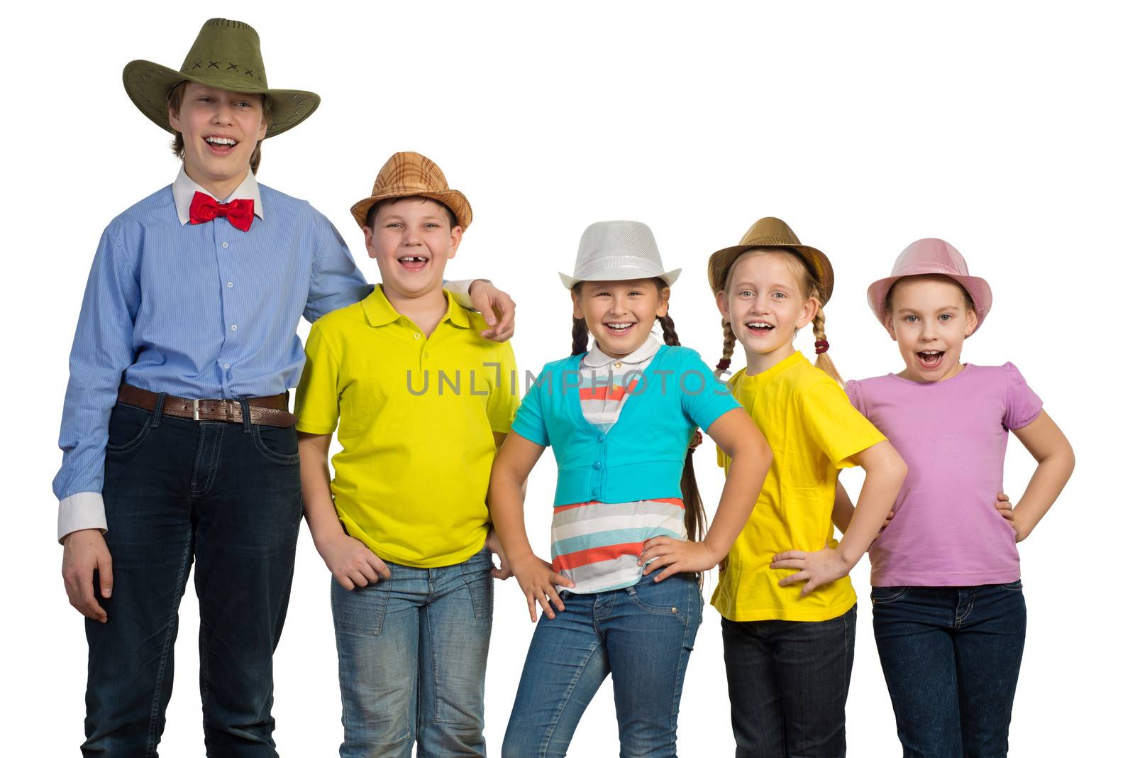 children in a row, wearing a hat by adam121