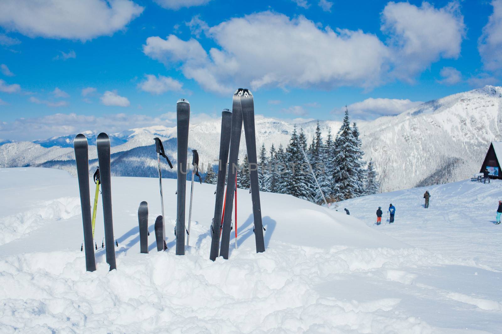A family set of skis, ski poles in the snow mountains.