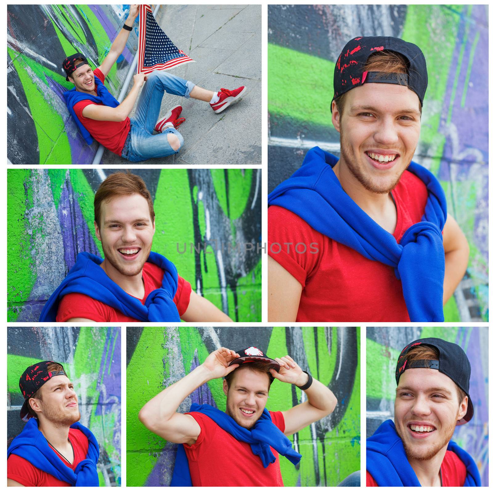 Collage of images happy teens boy sitting near painted wall and having fun