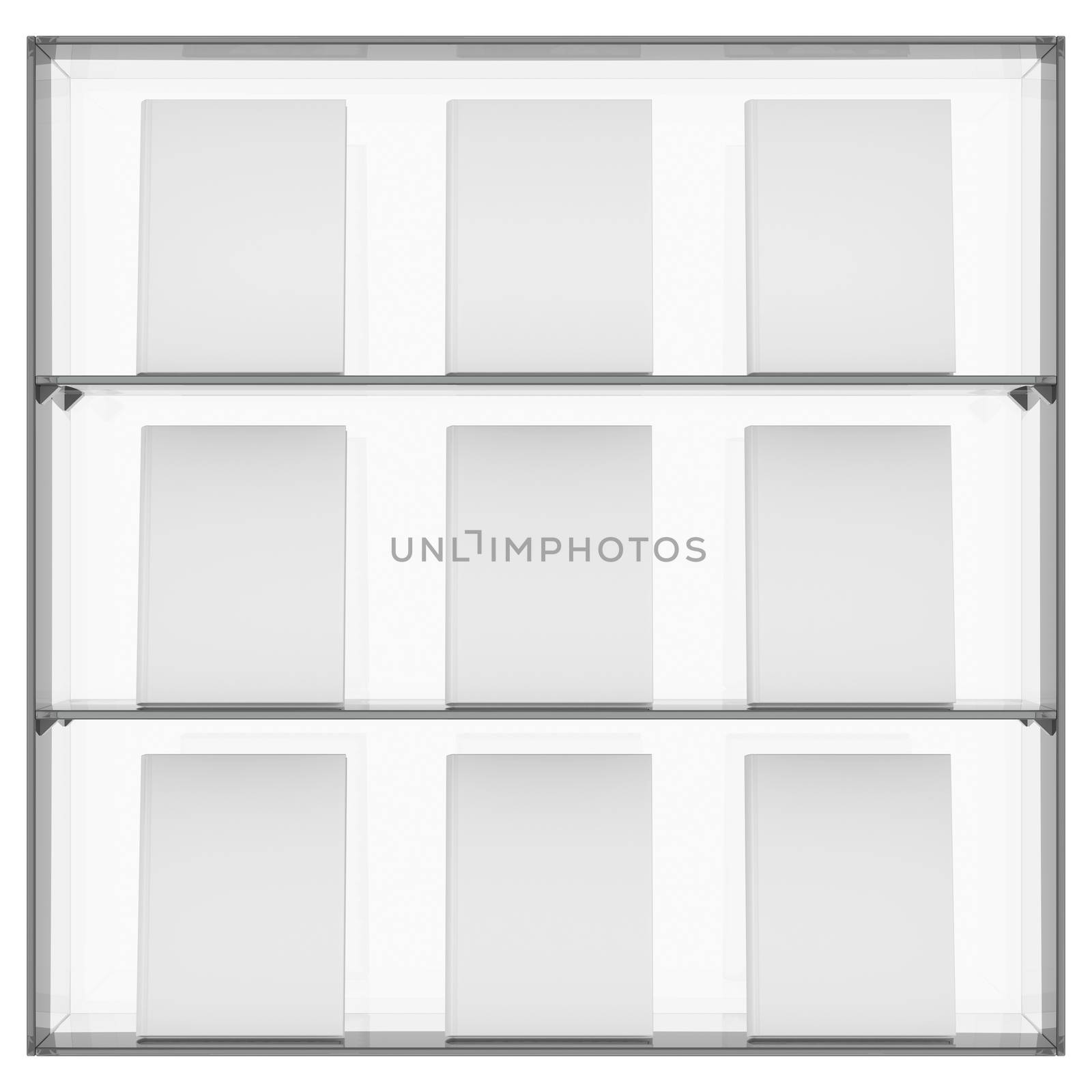 The glass shelf with books. Isolated render on a white background