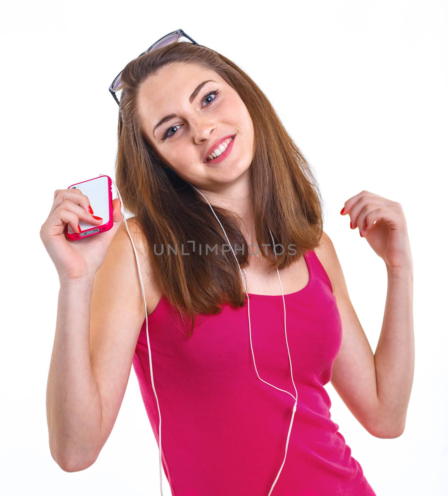 Teenage girl listen music. Isolated white background