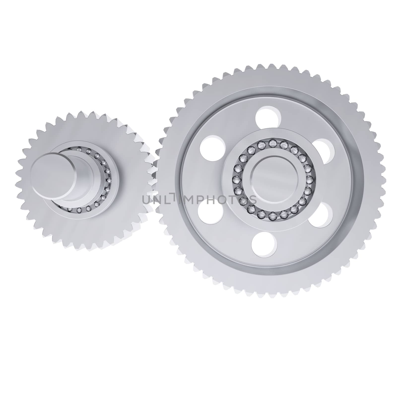 Metal shafts, gears and bearings. 3d render isolated on white background