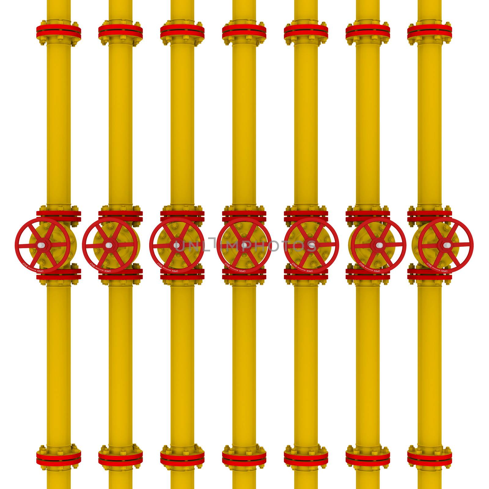 Yellow pipes and valves. Isolated render on a white background