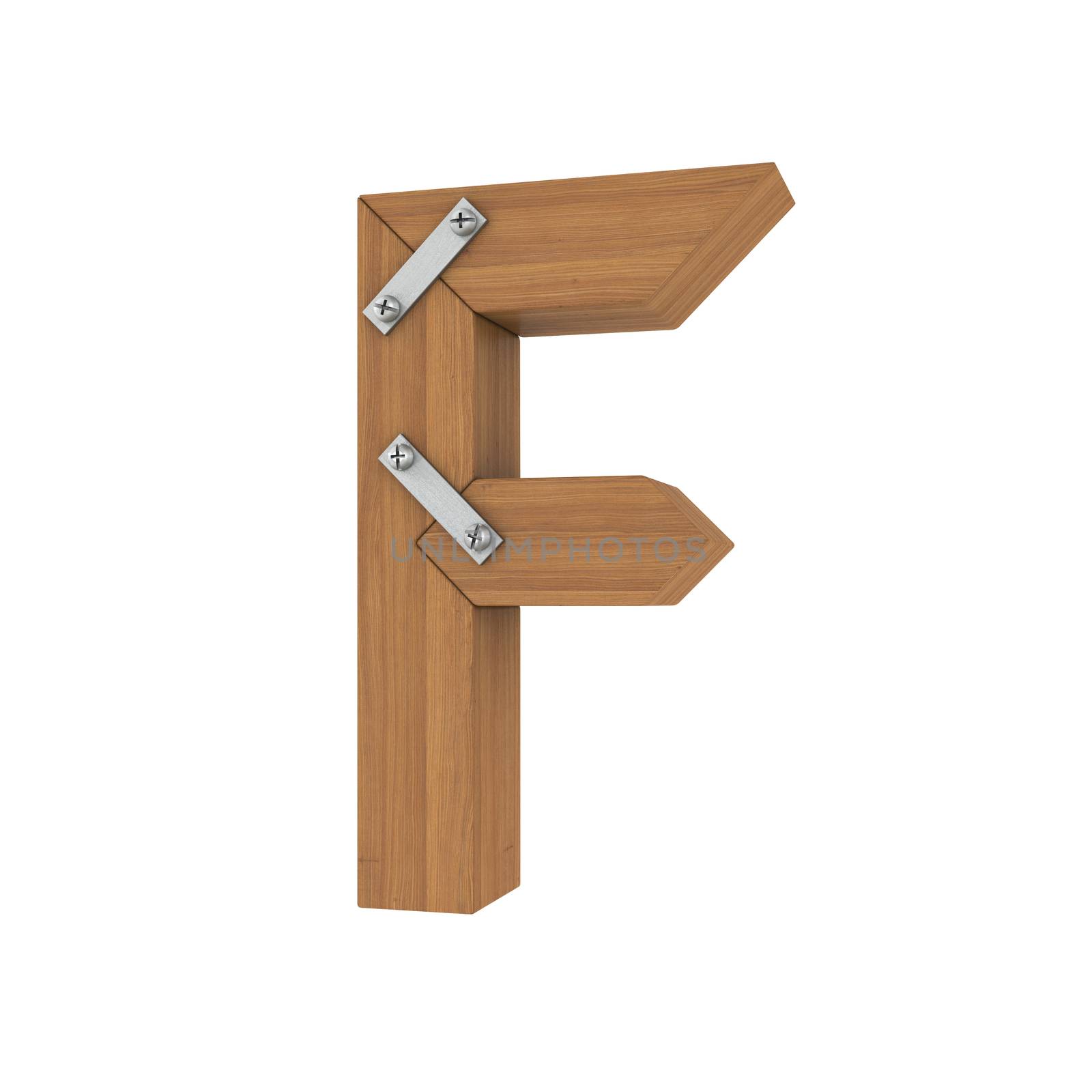 Wooden letter F. Isolated render on a white background