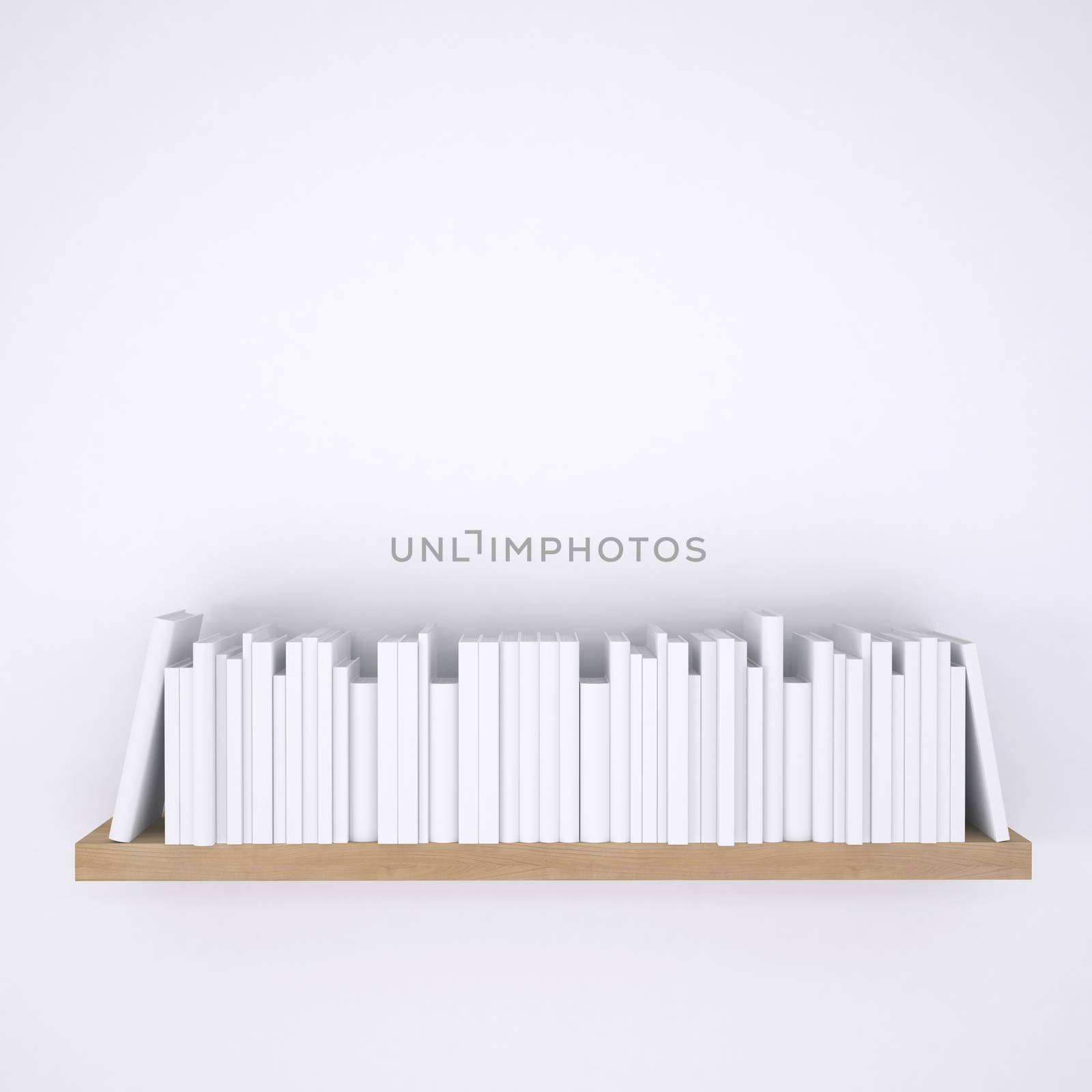 Wooden shelf with books on white wall background. 3d render