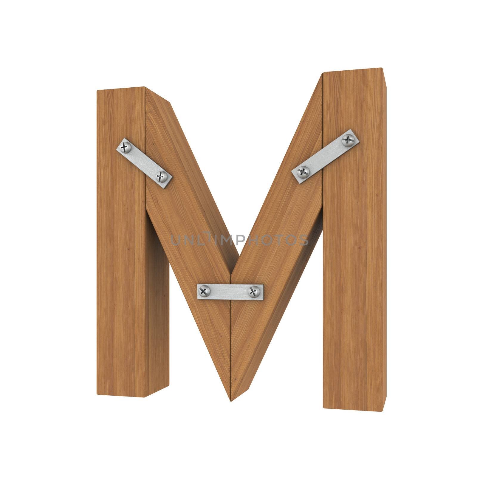 Wooden letter M. Isolated render on a white background
