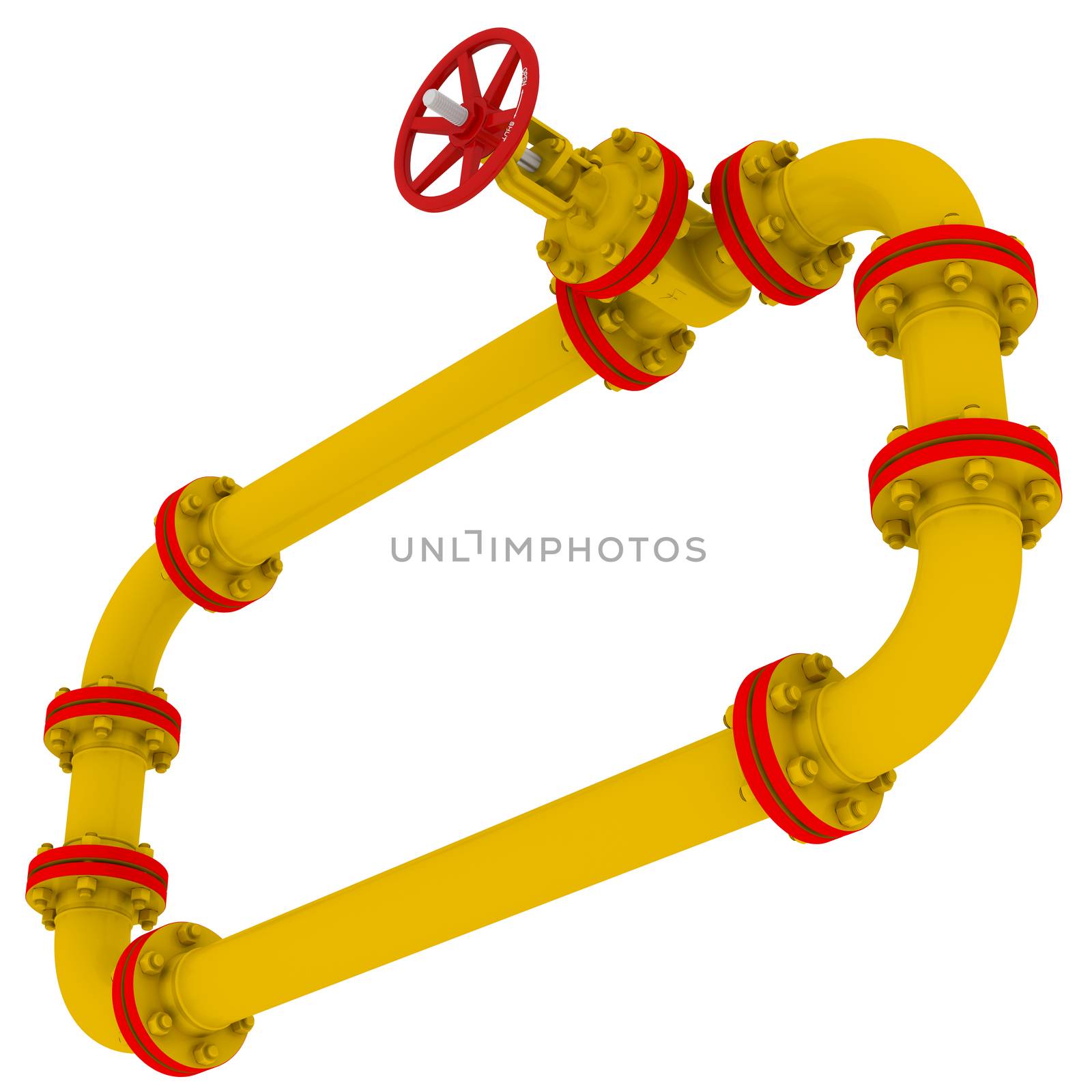 Banner of pipes and valves. Isolated render on a white background