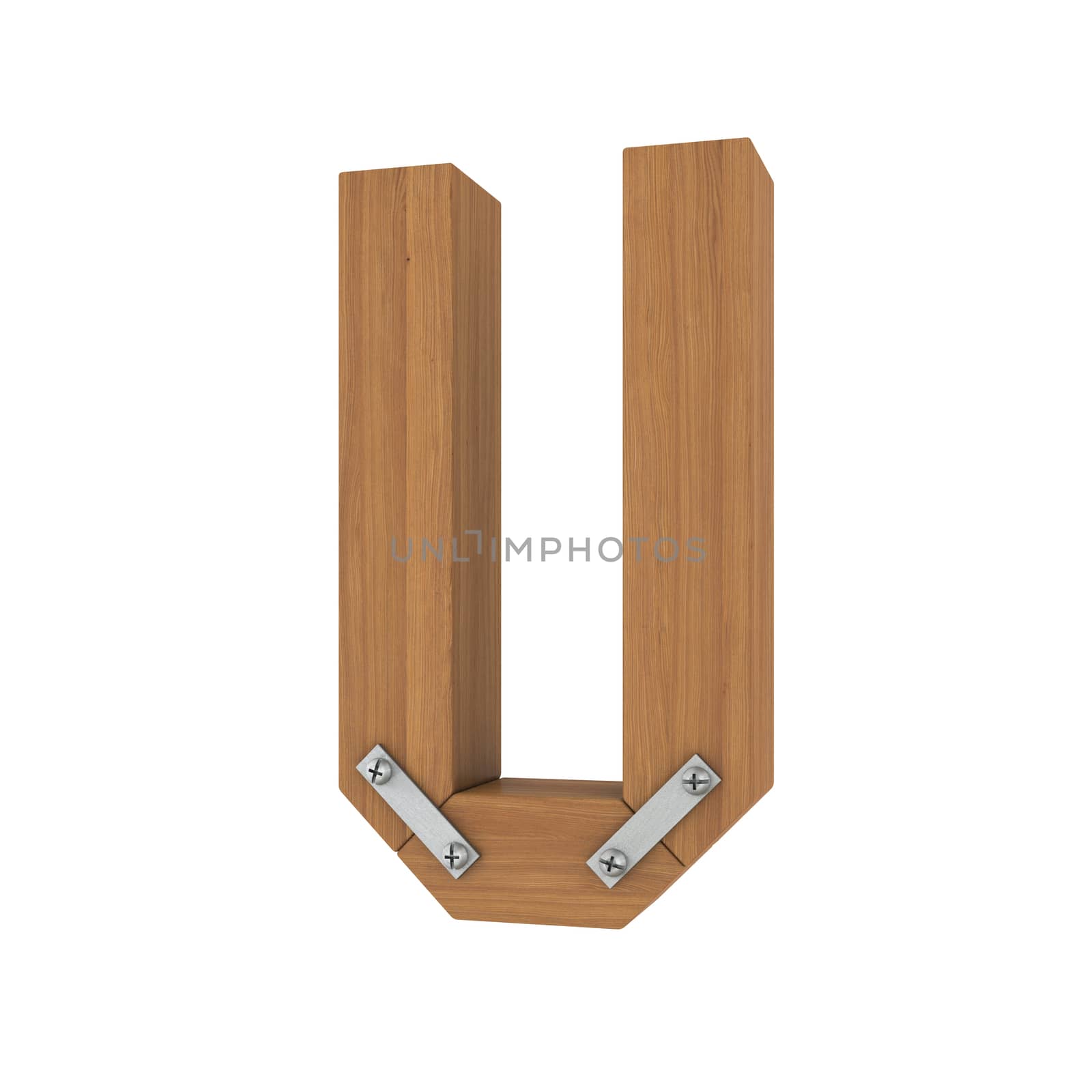 Wooden letter U. Isolated render on a white background