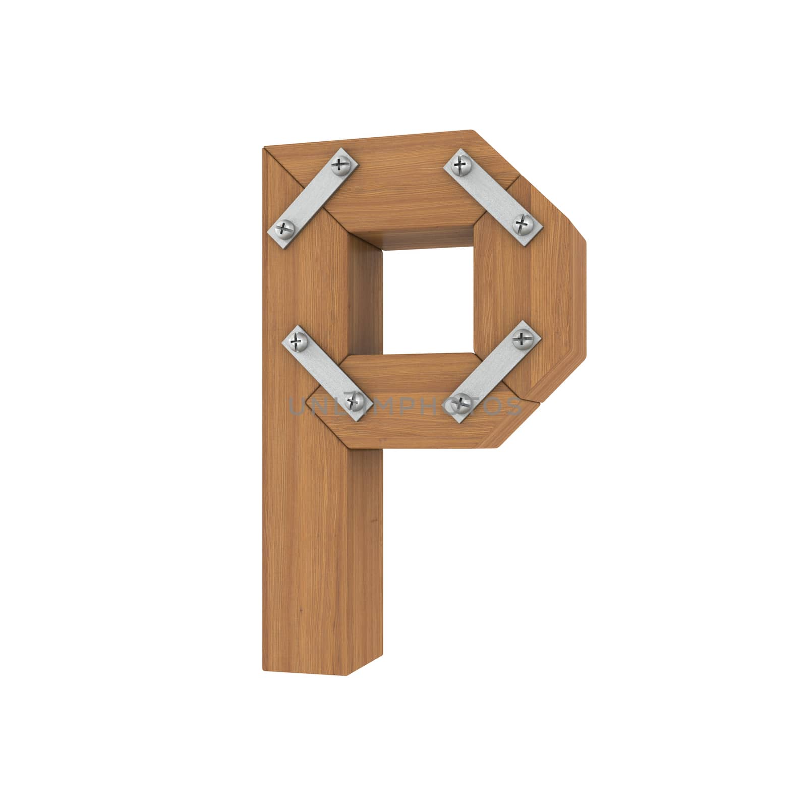 Wooden letter P. Isolated render on a white background