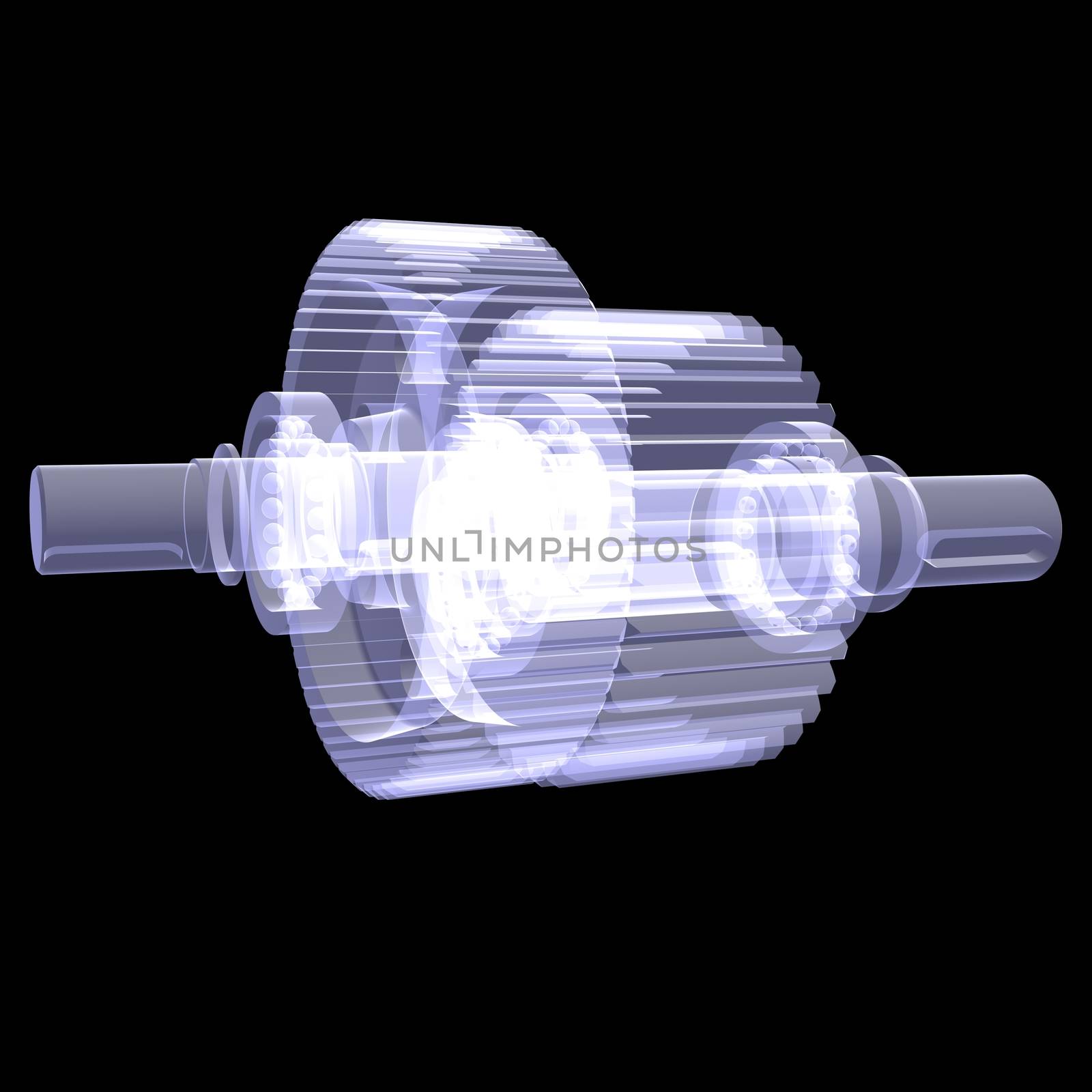 White shafts, gears and bearings. X-ray render isolated on black background