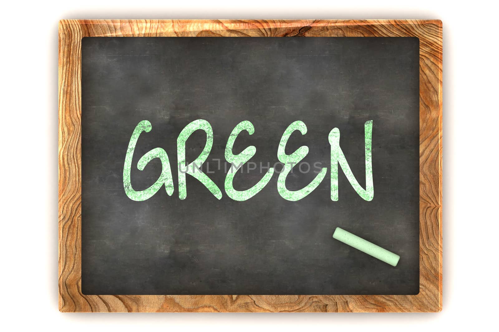 A Colourful 3d Rendered Concept Illustration showing "GREEN" writen on a Blackboard with white chalk