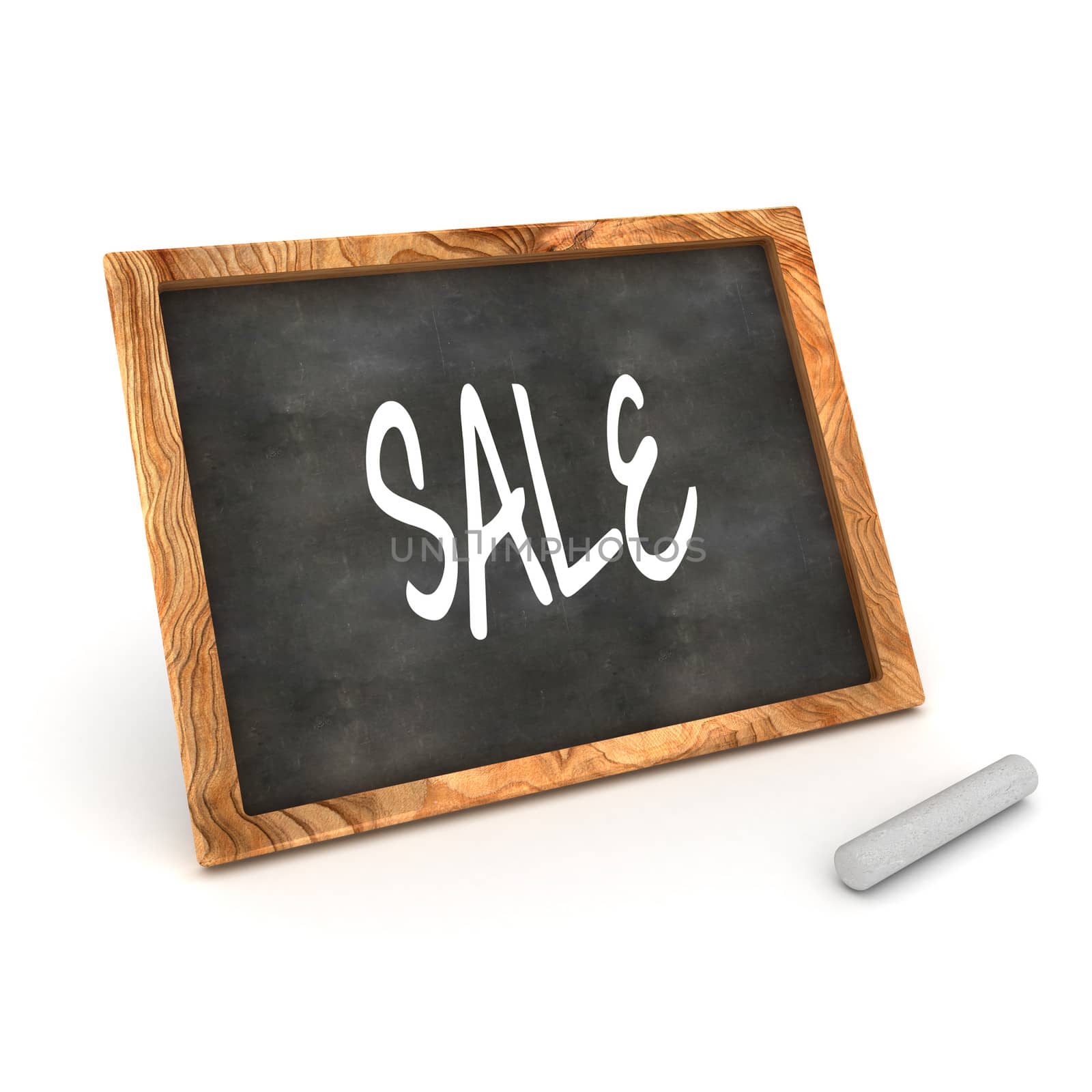 A Colourful 3d Rendered Concept Illustration showing "SALE" writen on a Blackboard with white chalk