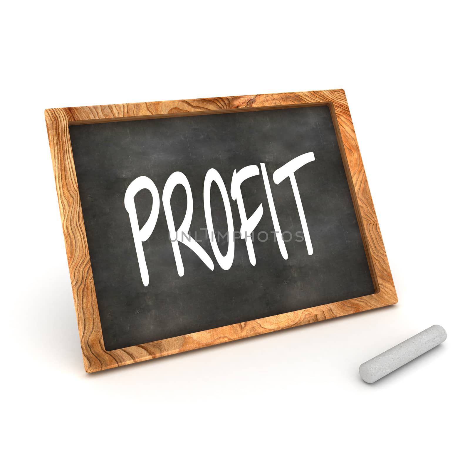 A Colourful 3d Rendered Concept Illustration showing "Profit" writen on a Blackboard with white chalk