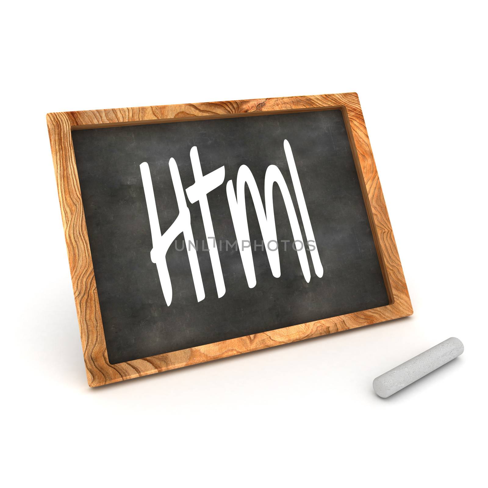 A Colourful 3d Rendered Concept Illustration showing "Html" writen on a Blackboard with white chalk