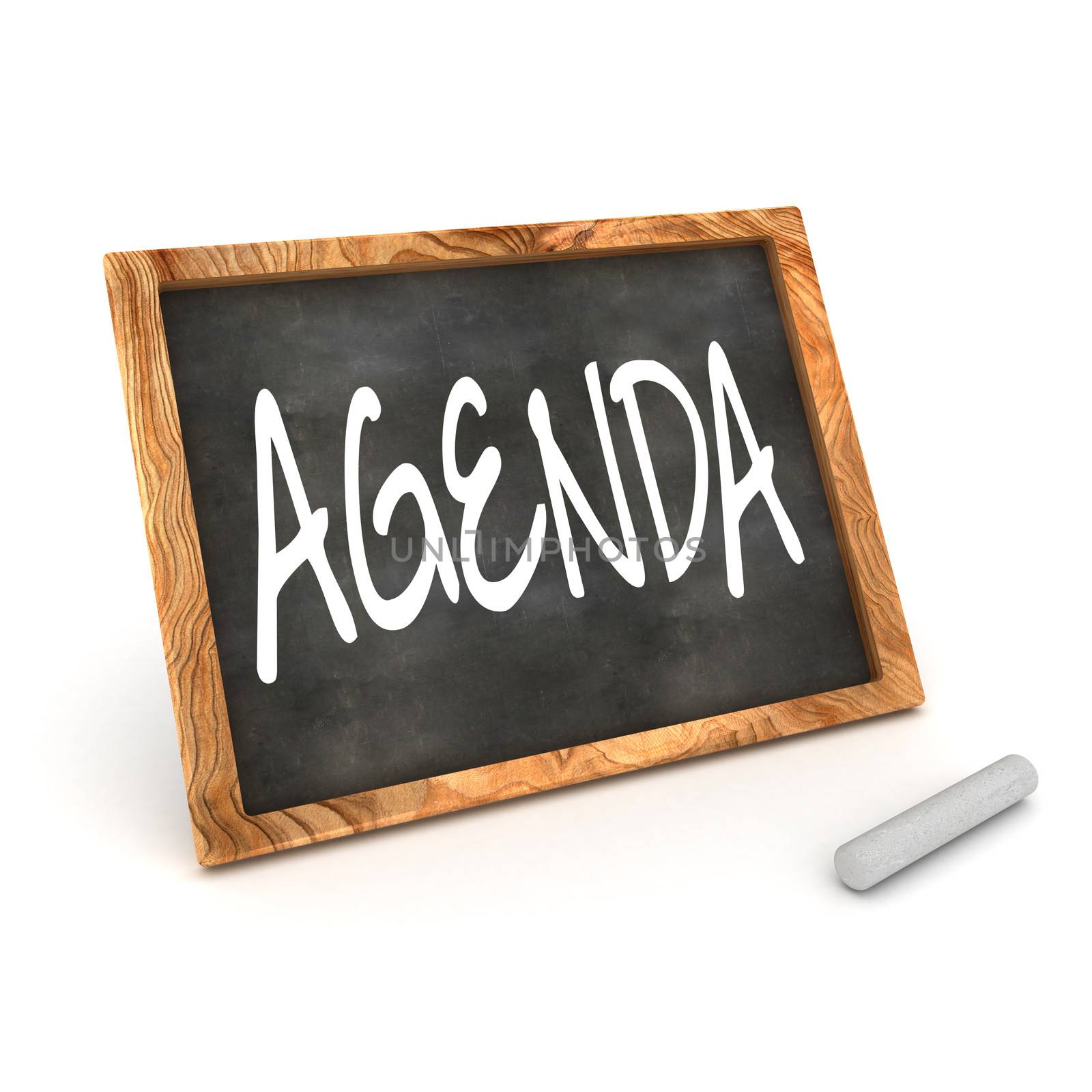 A Colourful 3d Rendered Concept Illustration showing "Agenda" writen on a Blackboard with white chalk