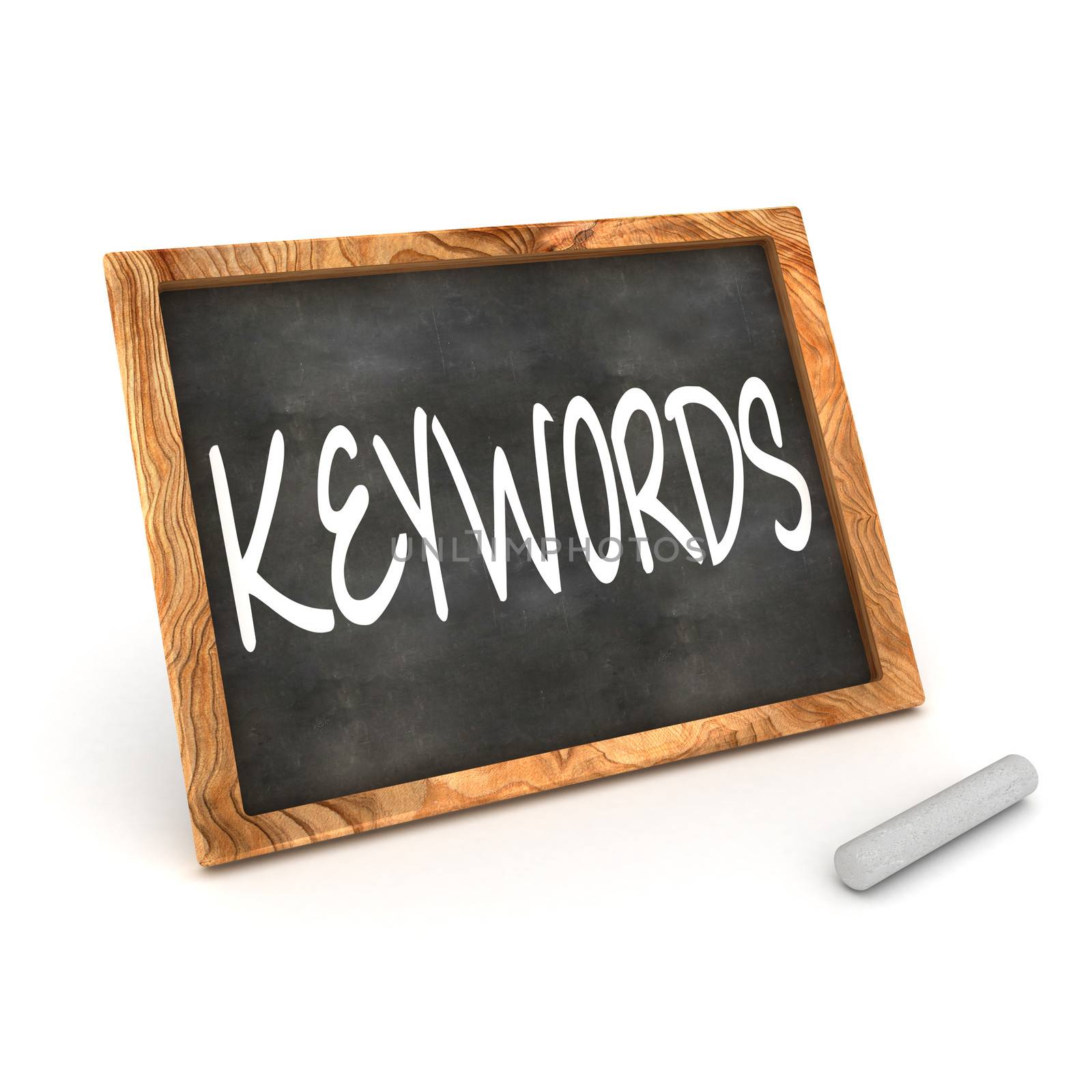 A Colourful 3d Rendered Concept Illustration showing "Keywords" writen on a Blackboard with white chalk