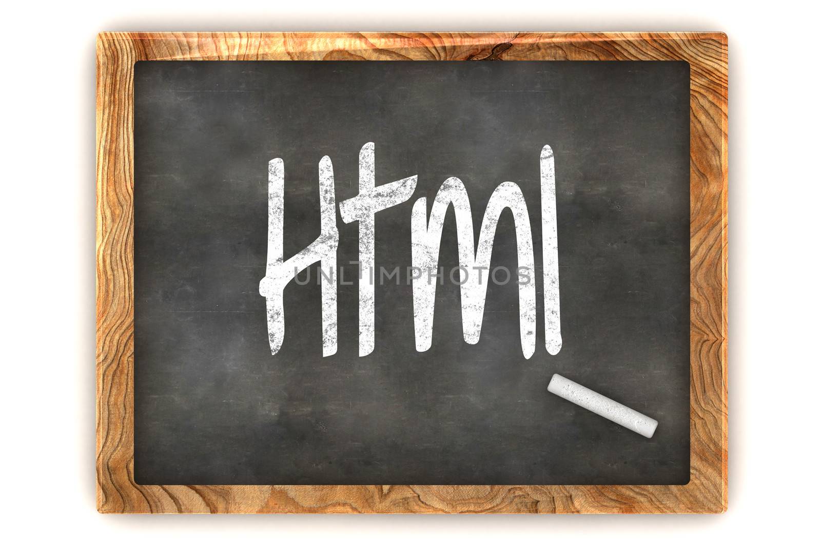 A Colourful 3d Rendered Concept Illustration showing "Html" writen on a Blackboard with white chalk