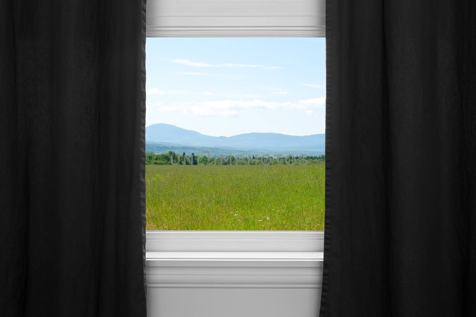 Summer landscape behind black curtains by anikasalsera