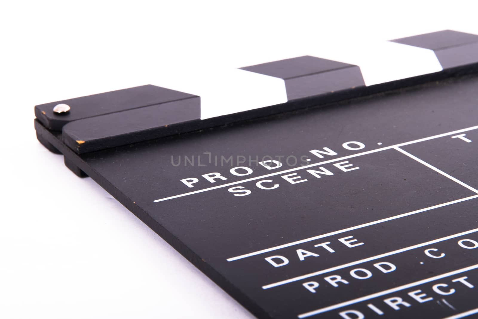 Blank black film clapper board, isolated on white background.