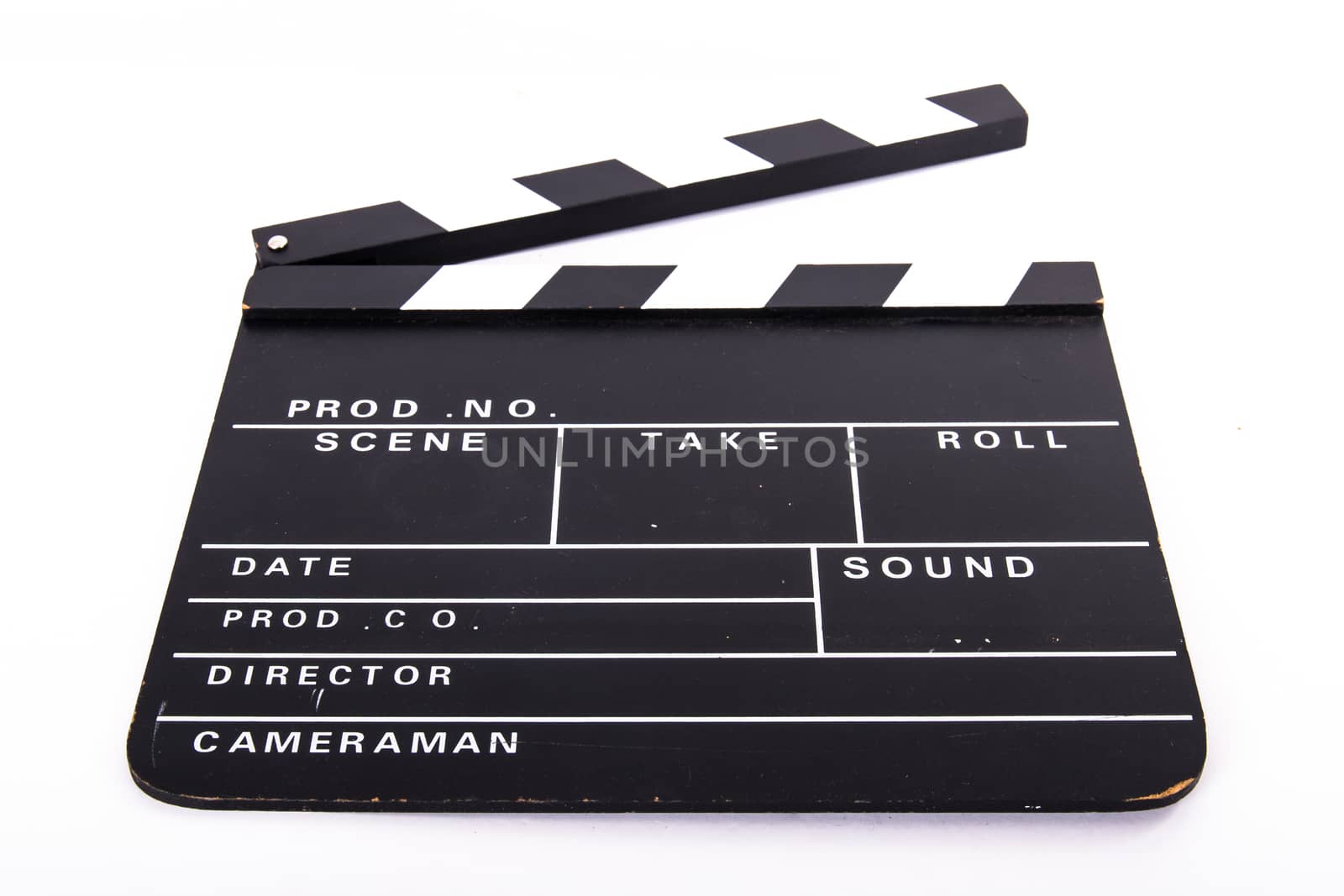 Front view of blank black cinema clapper board, isolated on white background.
