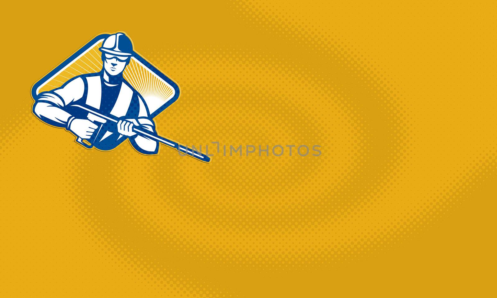 Illustration of a worker with water blaster pressure power washing sprayer spraying set inside diamond shape facing front done in retro style.


