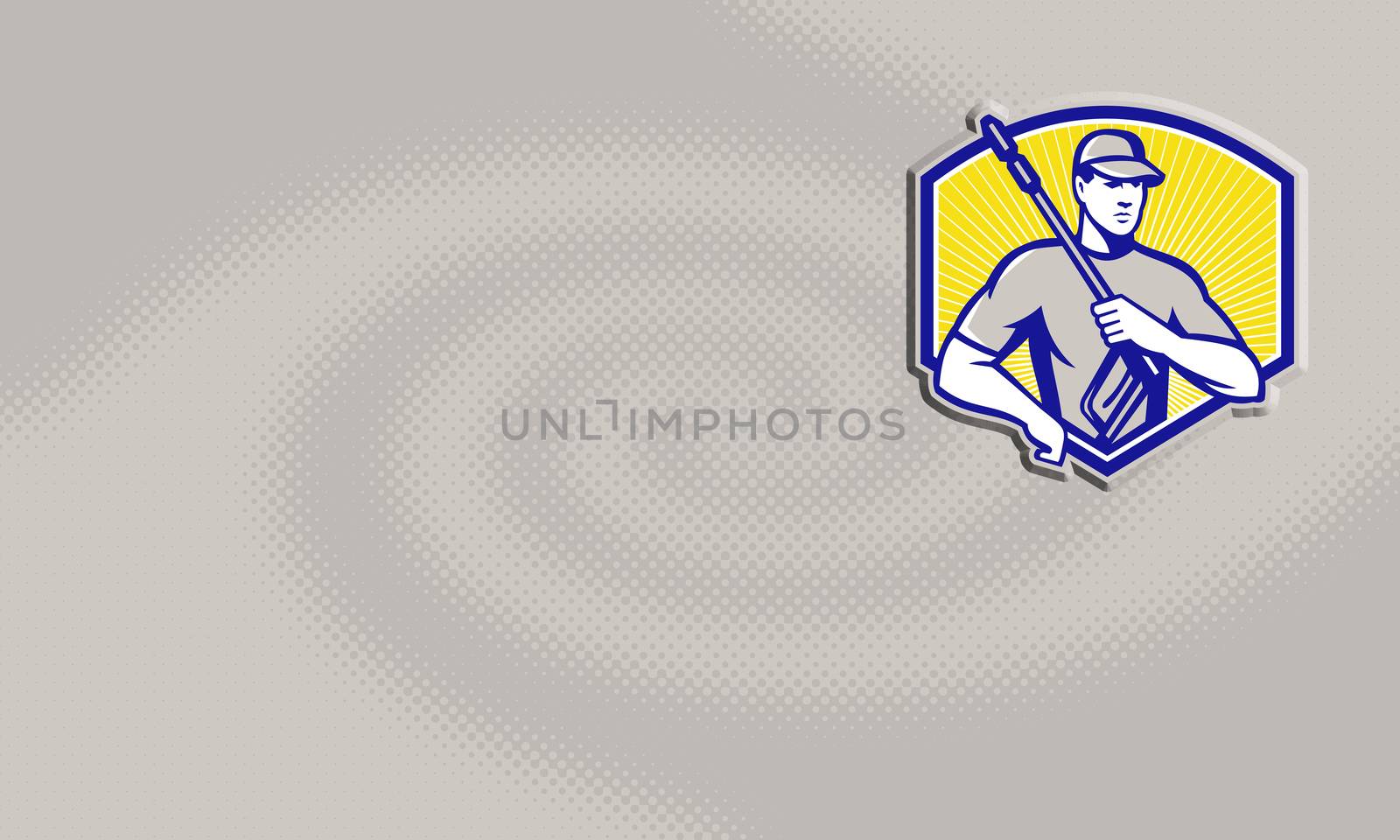 Illustration of a worker with water blaster pressure power washing sprayer spraying set inside circle done in retro style.

