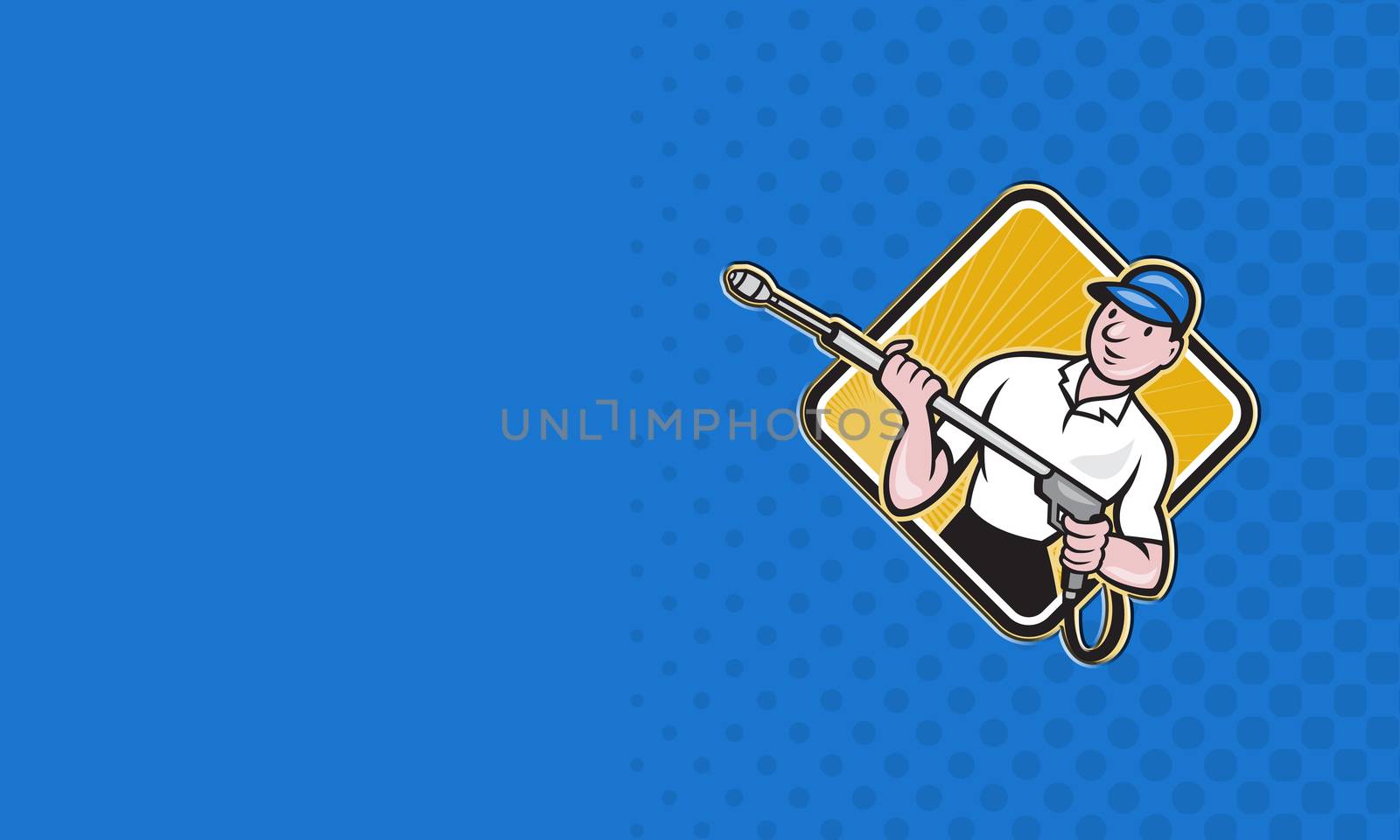 business card Illustration of a worker with water blaster pressure power washing sprayer spraying set inside circle done in cartoon style.

