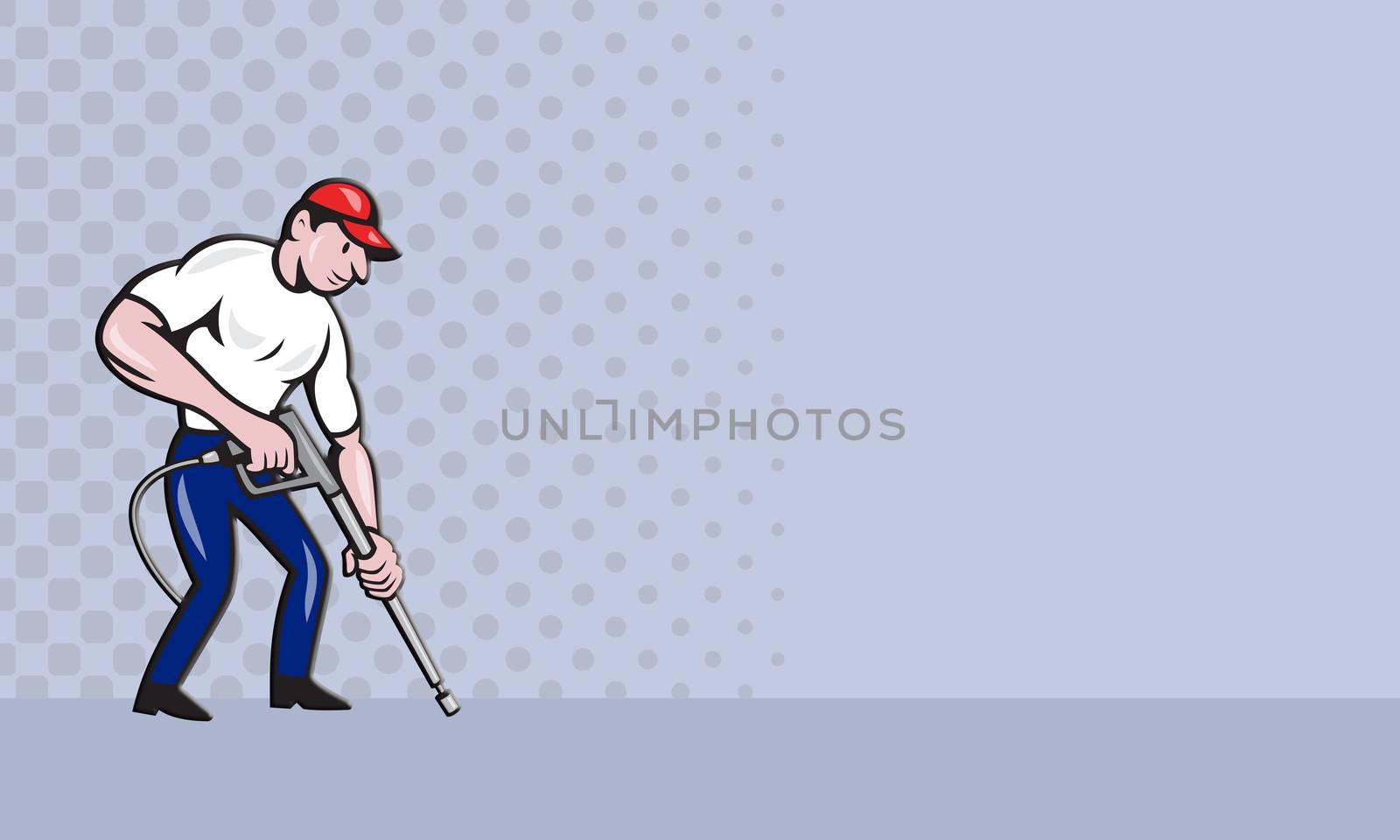 Business card ideal for power washing contractor showing illustration of a worker with water blaster pressure power washing sprayer spraying set inside circle done in cartoon style.


