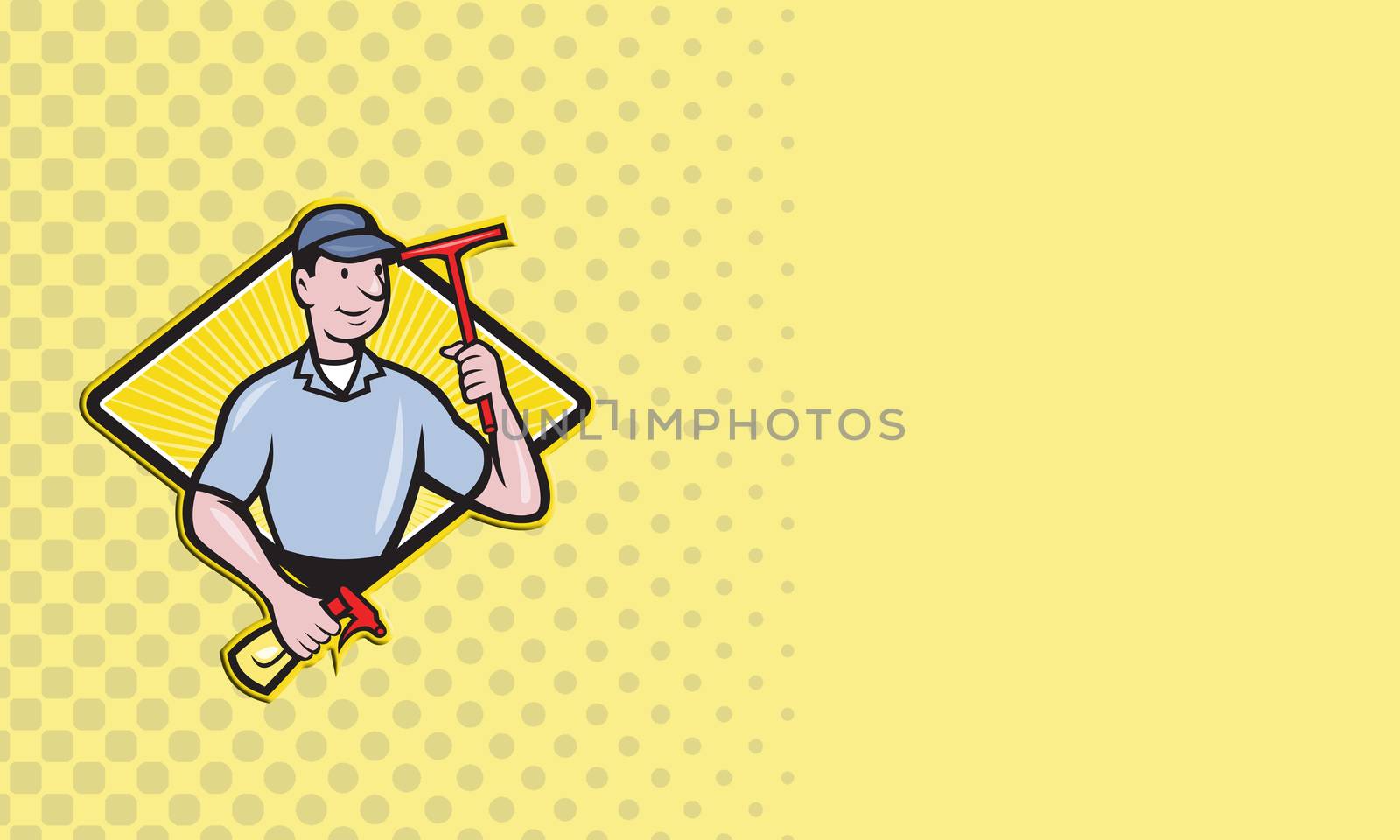 Business card ideal for window cleaning contractor company with illustration of window cleaner with squeegee and spray bottle set inside diamond shape done in cartoon style.