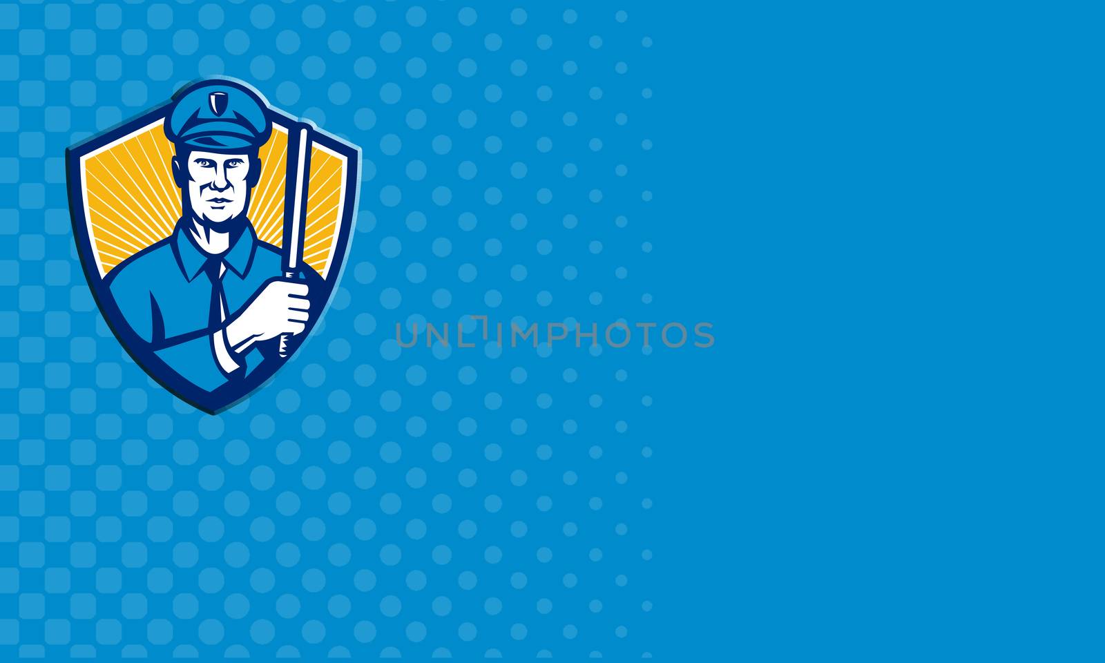 Business card format  showing Illustration of a policeman police officer holding a baton facing front set inside shield done in retro style.