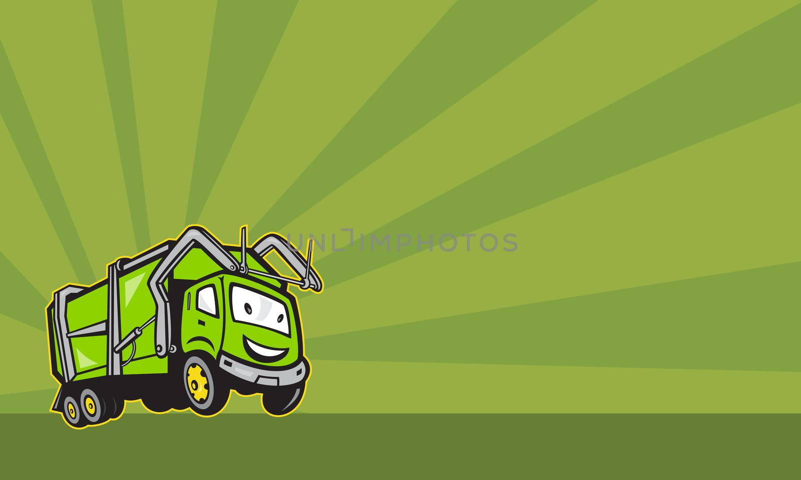 Business card format showing Illustration of garbage rubbish truck done in cartoon style.