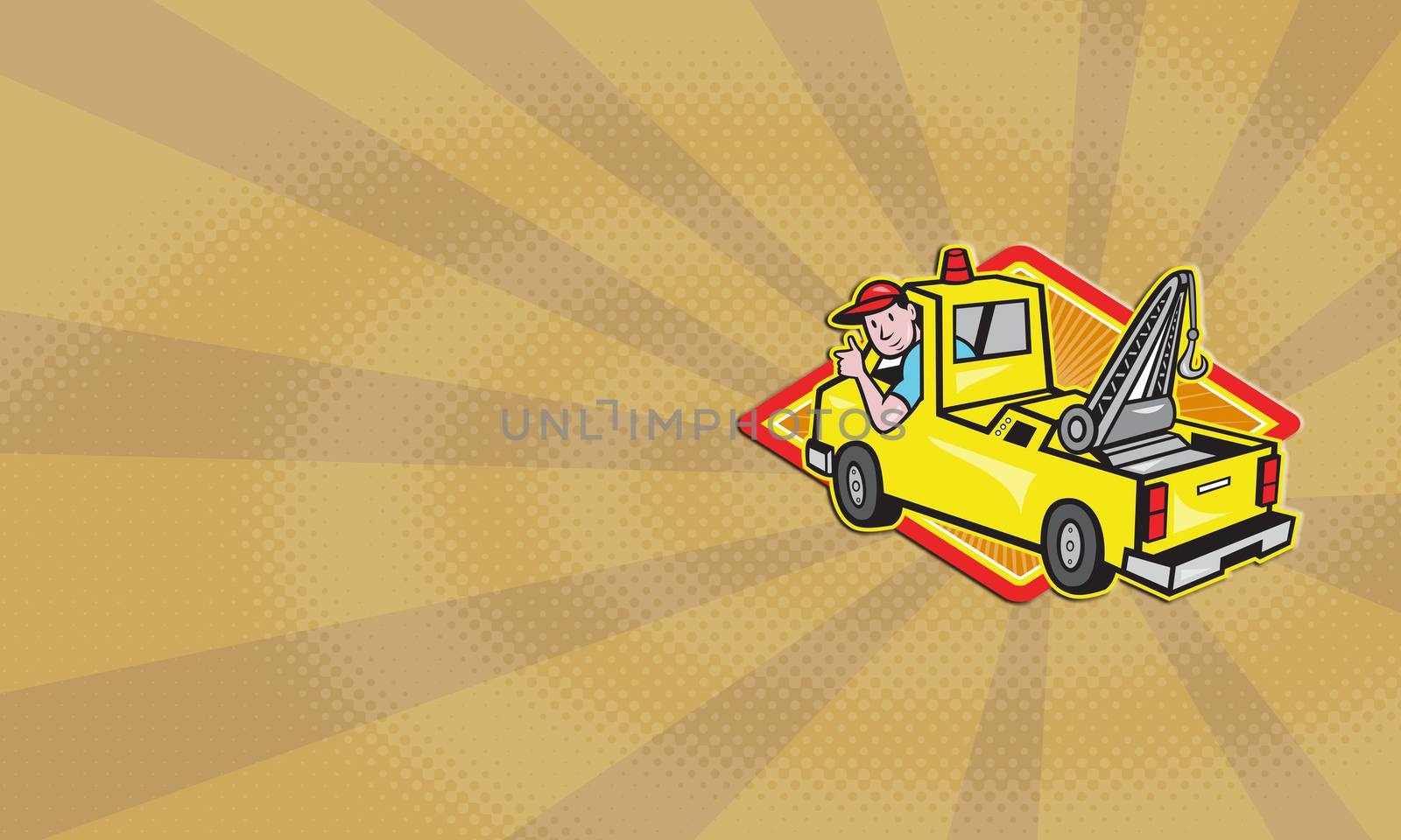 Business card format  illustration of a tow truck wrecker with driver thumb up set inside diamond.