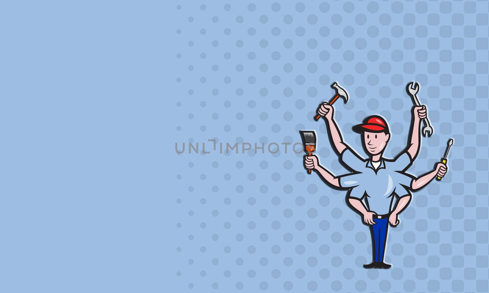 business card format showing illustration of a handyman with six arms a hammer, paint brush,,screwdriver and spanner wrench done in cartoon style.