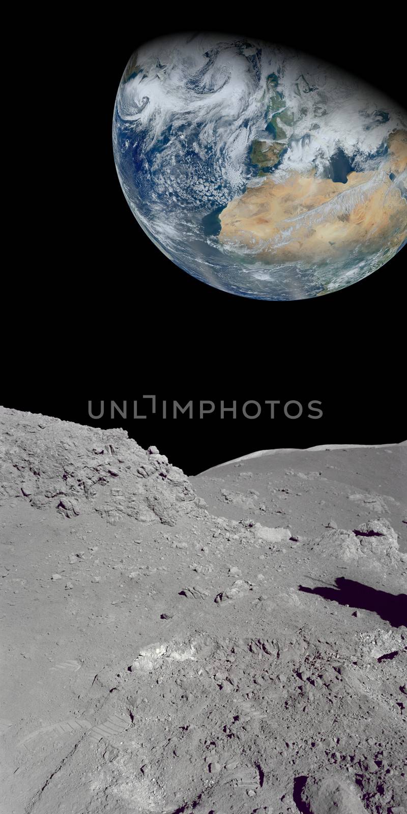 Image of the earth from a rocky ground that could be the moon. parts of image furnished by NASA